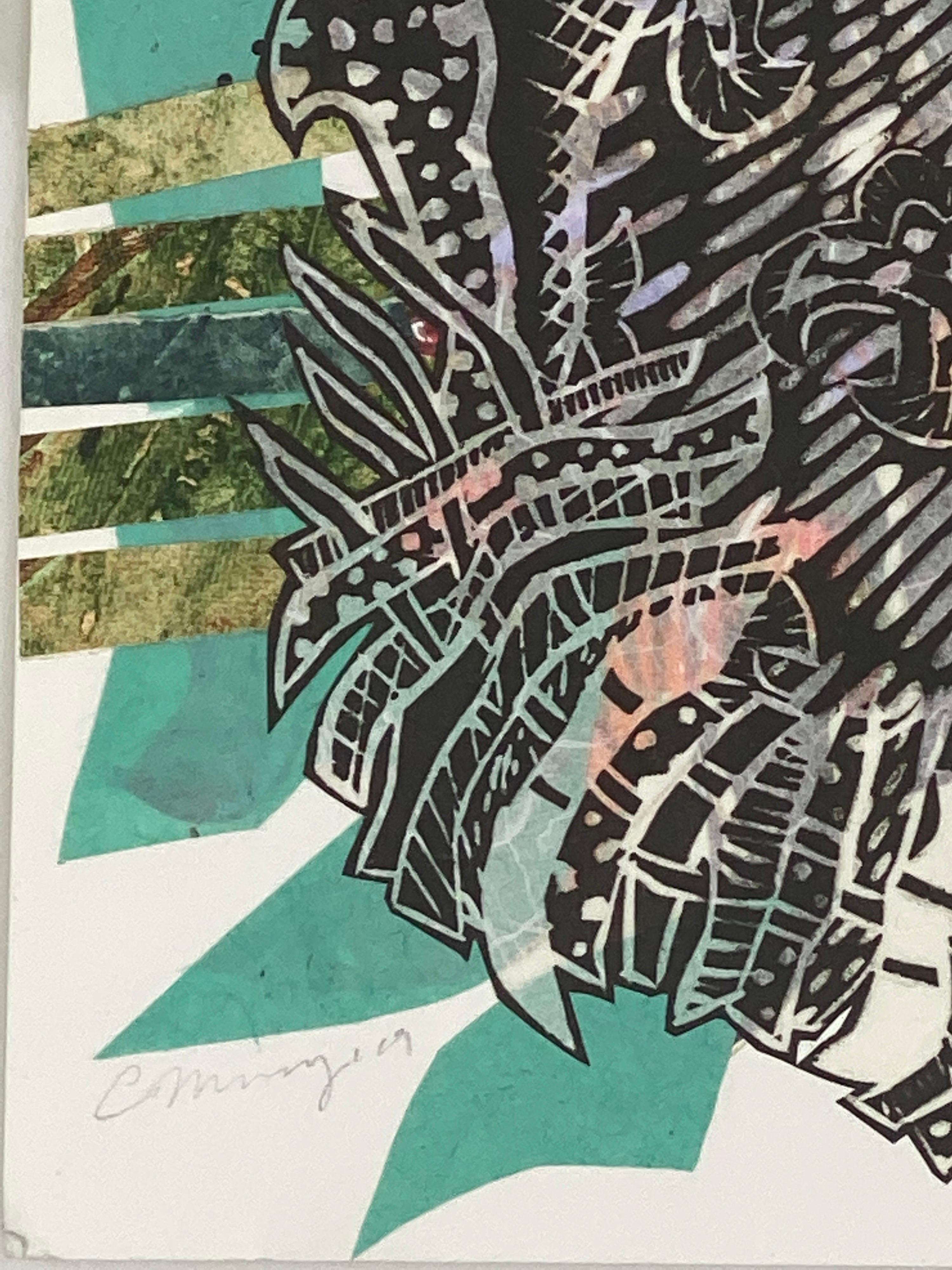 abstract botanical monotype collage in teal by Christina Massey For Sale 1