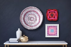 Accumulations #5, upcycled paper circular wall sculpture in pink and white