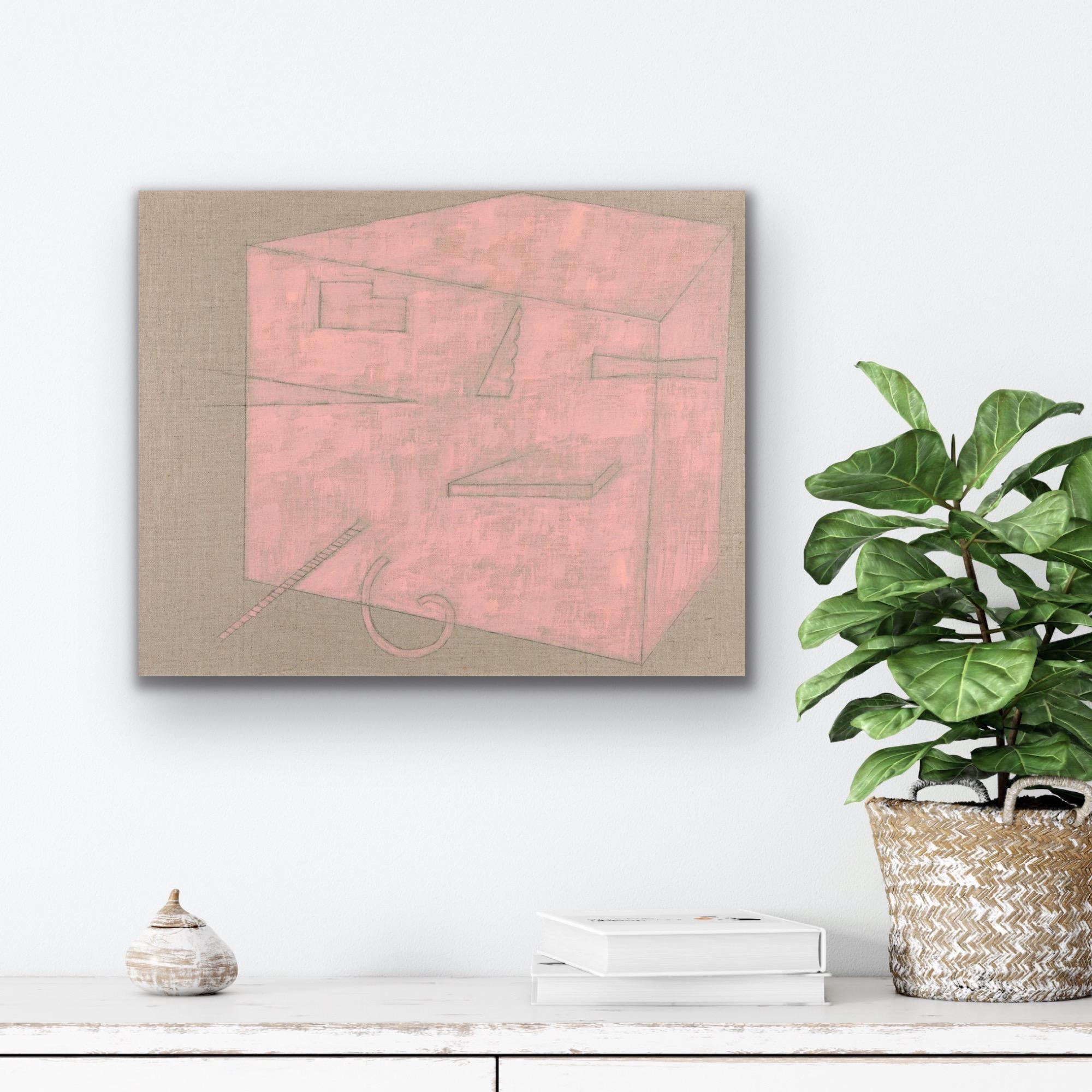 Pink Perspective, pink architectural minimalist abstract on linen - Beige Interior Painting by Ellen Weider