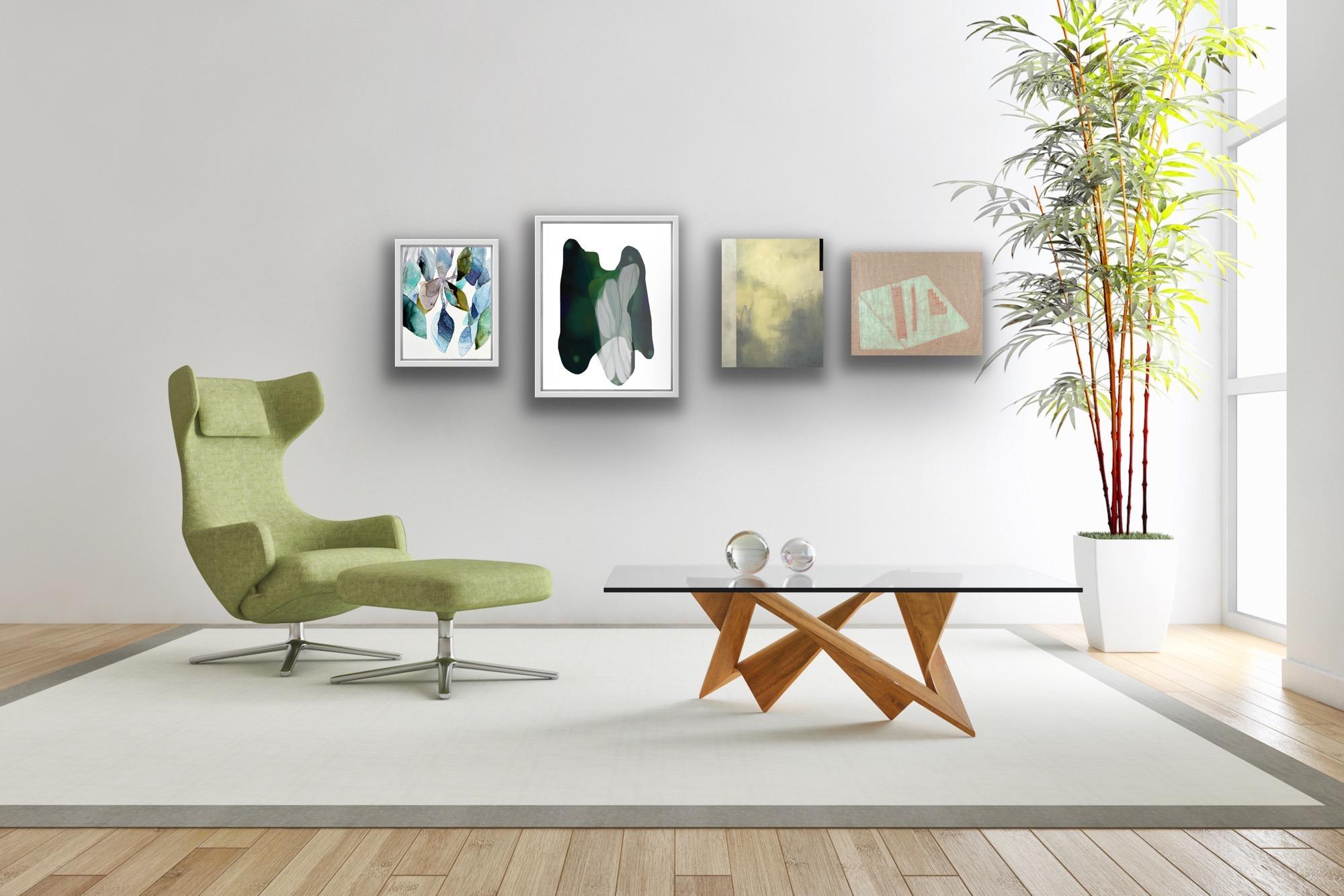 Partial Recall, green minimalistic geometric architectural painting For Sale 1