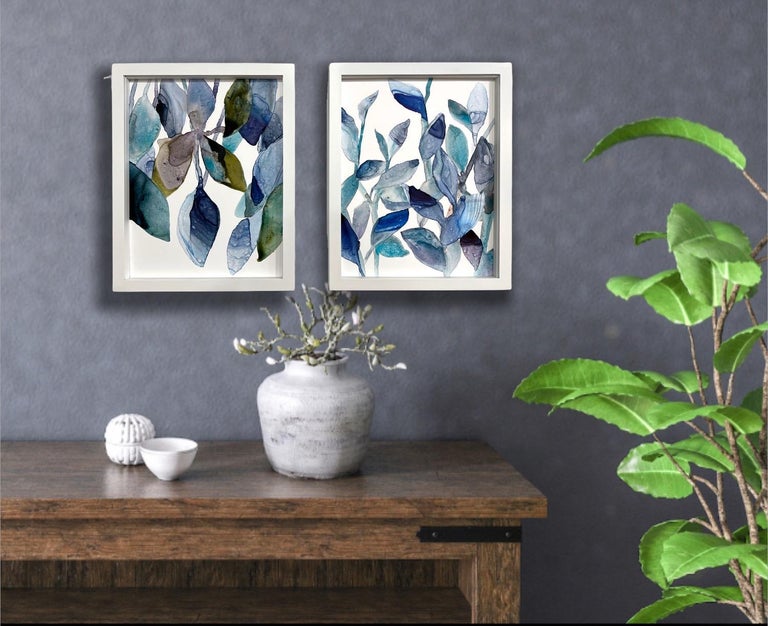Blue Leaves 2, a botanical plant still life watercolor painting in teal - Naturalistic Art by Rachel Kohn