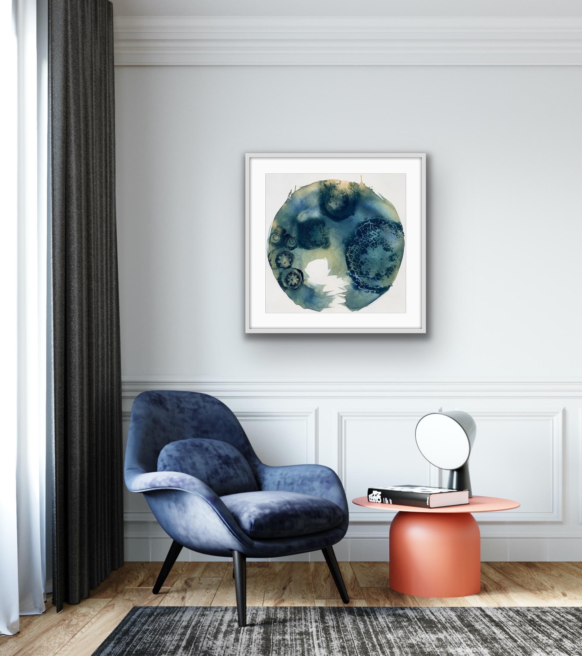Corridor 12, circular cyanotype - Blue Abstract Drawing by Laurey Bennett-Levy