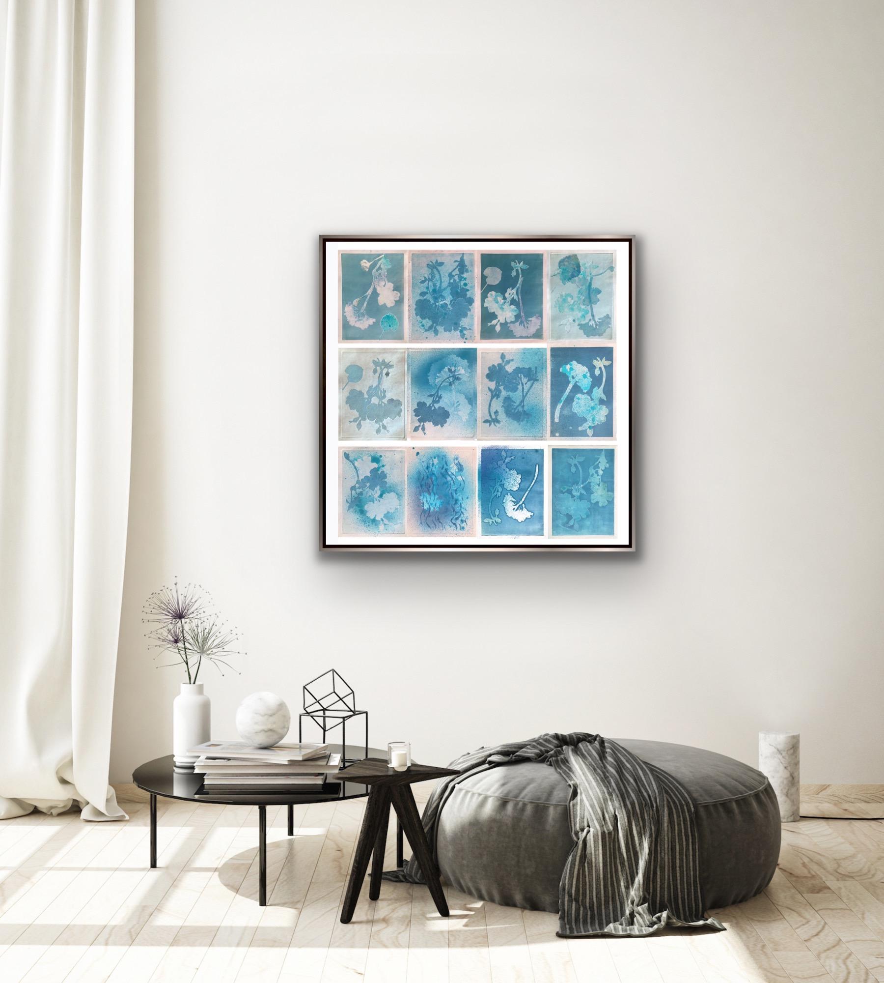 Flower Shadows I, 12 individual floral monotypes together in a grid - Blue Still-Life Print by Lois Bender