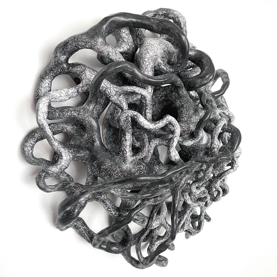EMBRANGLE, gray monochrome circular ceramic wall sculpture relief - Abstract Sculpture by Judi Tavill