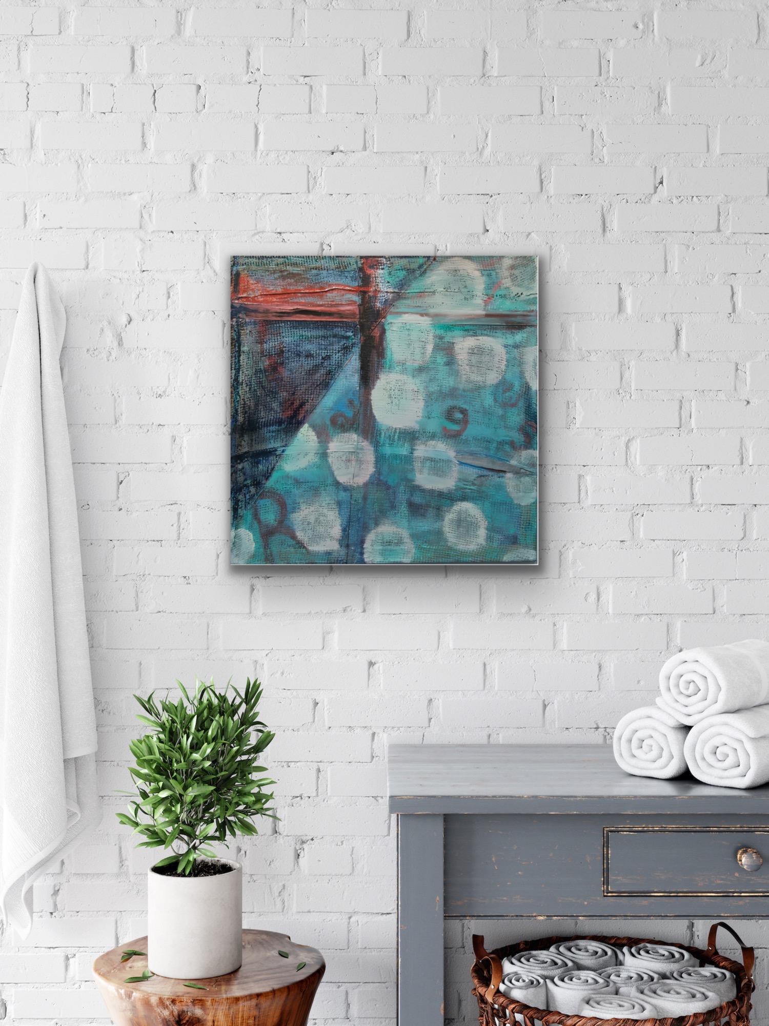 Rags and Rage, turquoise contemporary textural abstract with white dots - Green Abstract Painting by Cecilia André