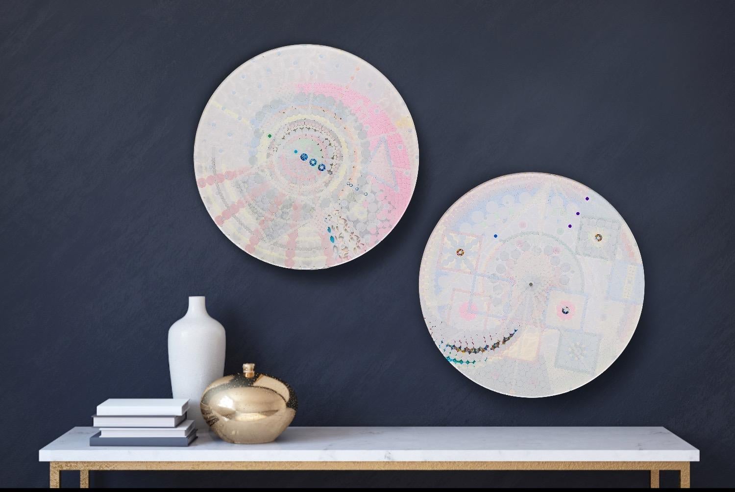 Fusion Mandala n°4, circular meditative contemporary abstract in white and pink For Sale 2