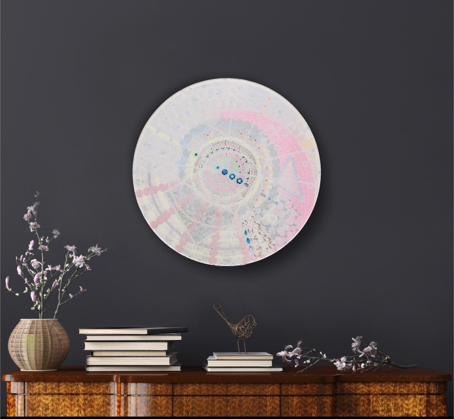 Fusion Mandala n�°4, circular meditative contemporary abstract in white and pink For Sale 1
