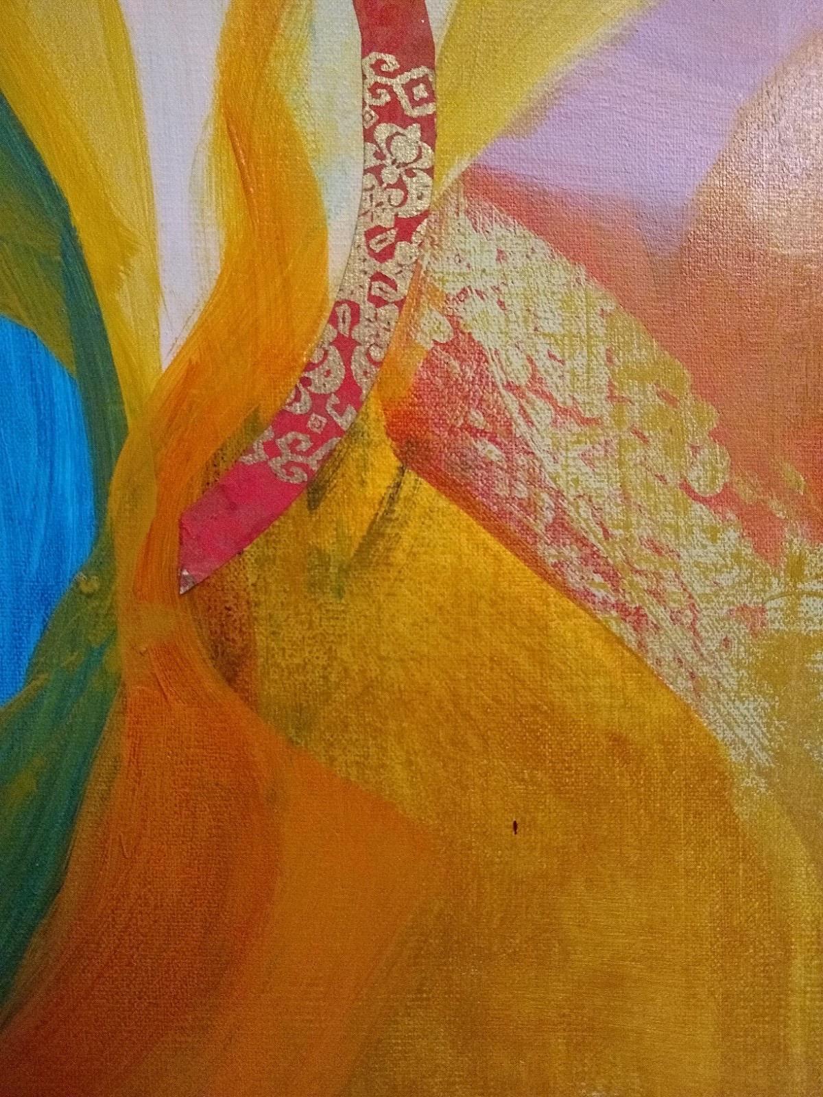 Solid Gold, contemporary gestural organic abstract in complimentary colors - Painting by Ginger Danz