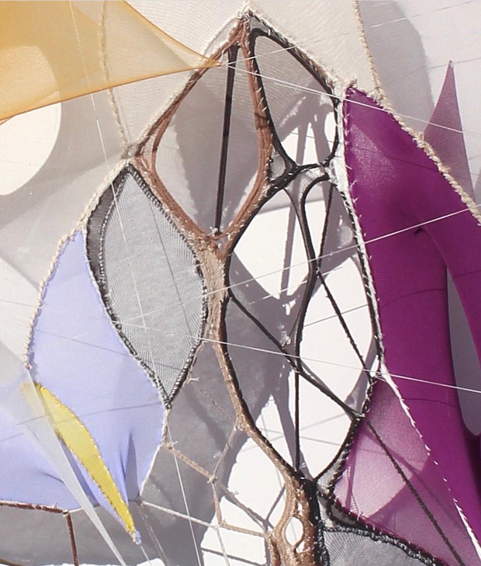 15/38/27 - Abstract pantyhose wall sculpture in purples and whites - Sculpture by Katie Truk