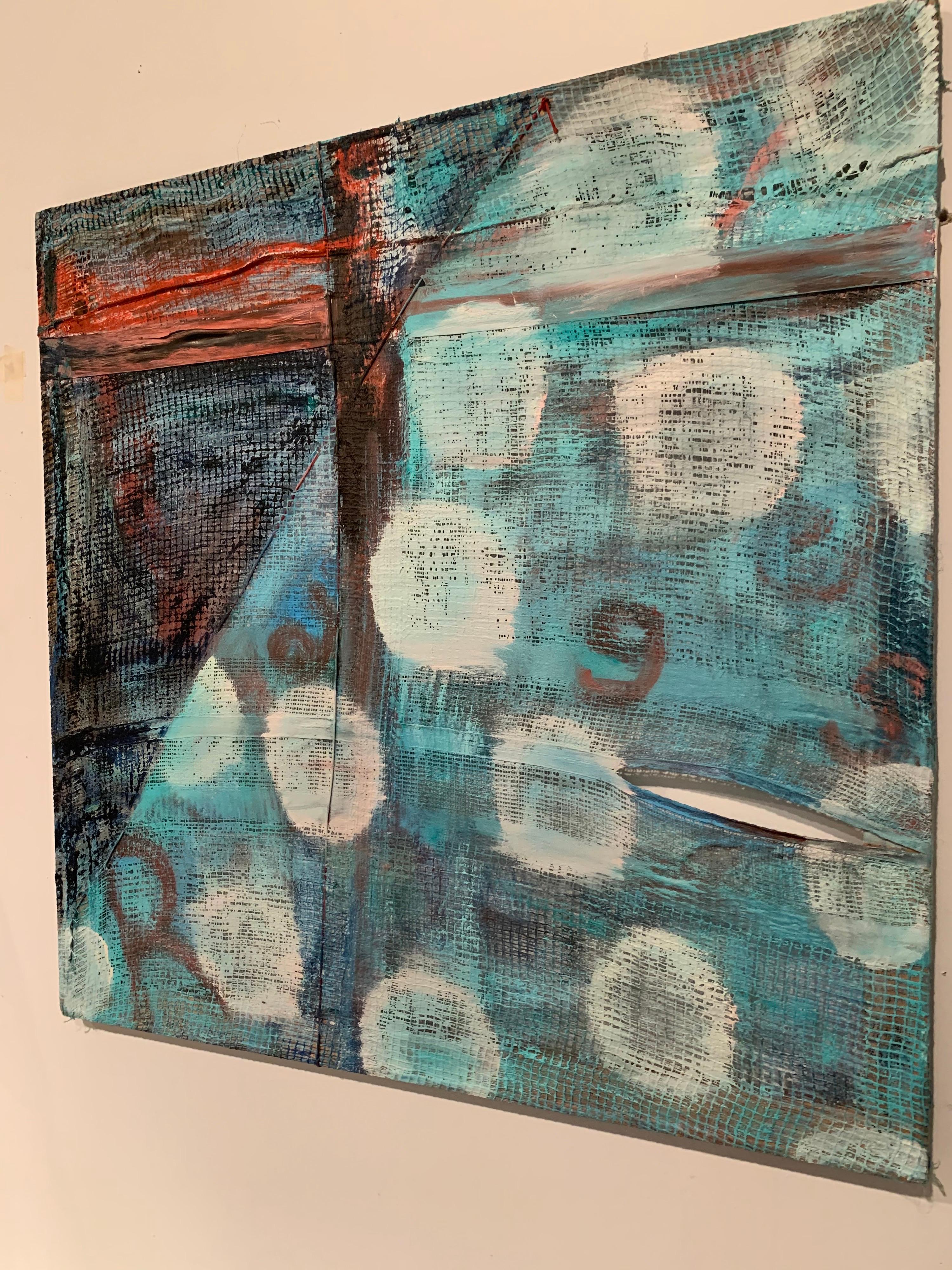 Rags and Rage, turquoise contemporary textural abstract with white dots - Abstract Painting by Cecilia André