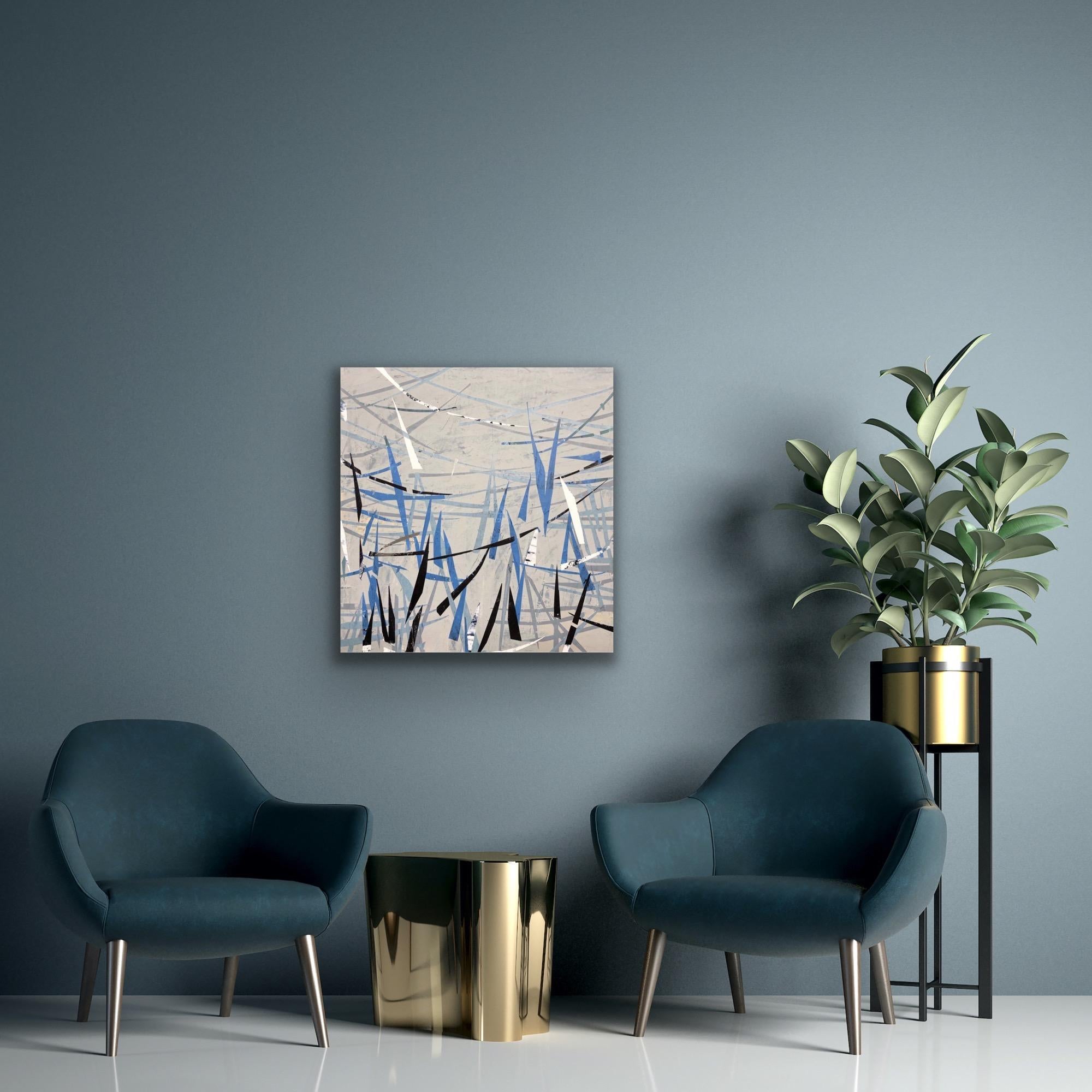 Calm After the Storm, neutral toned abstraction with blue gestural marks - Painting by Shira Toren