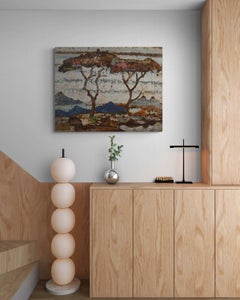 Árboles africanos abstractos con tonos terrosos, composición de metal oxidado «Matukutu Village»