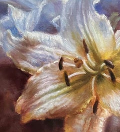 Pintura al óleo sobre lienzo con motivos florales en tonos rosa pastel y tonos tierra: «Anatomía de una flor»