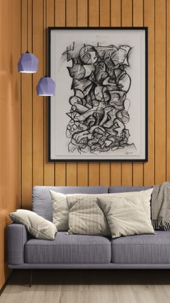 Obra de arte abstracta y figurativa, monocromática, realizada con carboncillo sobre papel de archivo, de gran tamaño y enmarcada