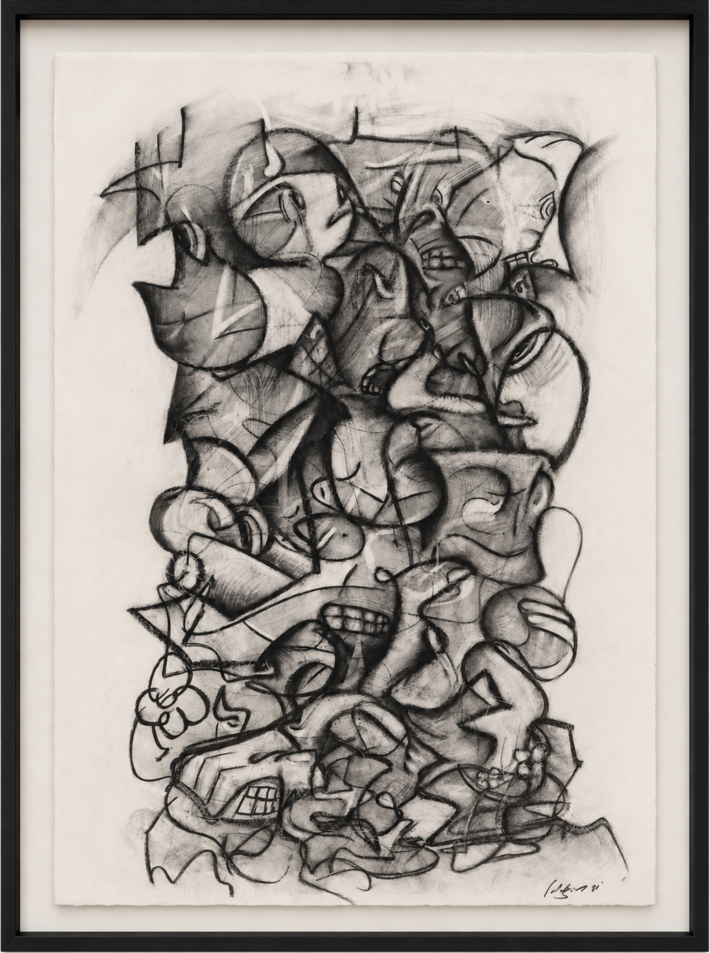 Large Framed Abstract Figurative Monochrome Charcoal on Archival Paper Artwork