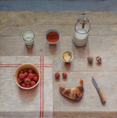 Petit Déjeuner Fruit morning Croissant Realism Still Life Oil Painting In Stock
