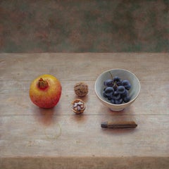 Nature morte réaliste représentant des noix et des fruits – Peinture à l'huile – En stock