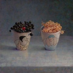 Nature morte réaliste à l'huile représentant des baies noires et blanches et des fruits en porcelaine – En stock