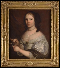 Antique Portrait of an elegant British lady with a white silk dress and a pearl necklace
