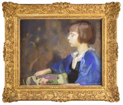 Fantastico ritratto in tonalità pastello degli anni ’20 raffigurante una ragazza intenta a leggere, opera di Guirand de Scévola
