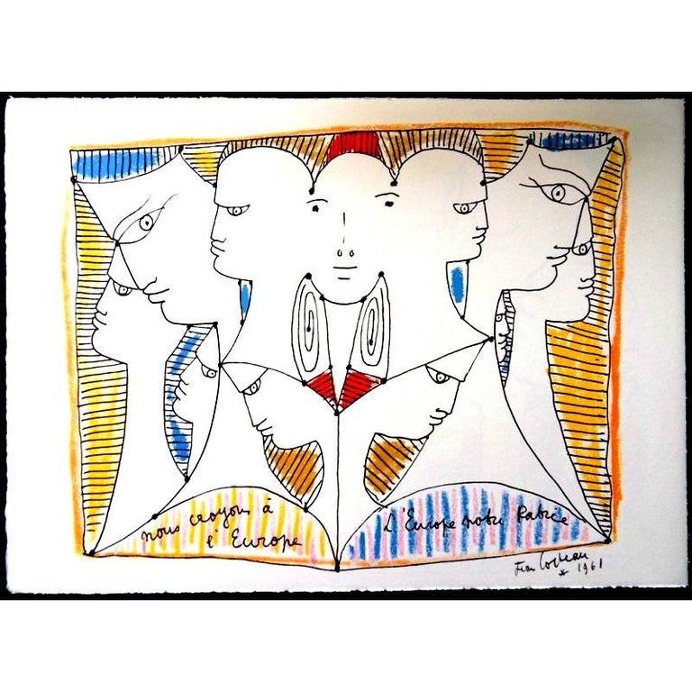 Original Lithograph by Jean Cocteau
Title: Europe's Diversity
Signed in the plate
Dimensions: 33 x 46 cm
Edition: 200
Luxury print edition from the portfolio of Sciaky
1961

Jean Cocteau

Writer, artist and film director Jean Cocteau was one of the