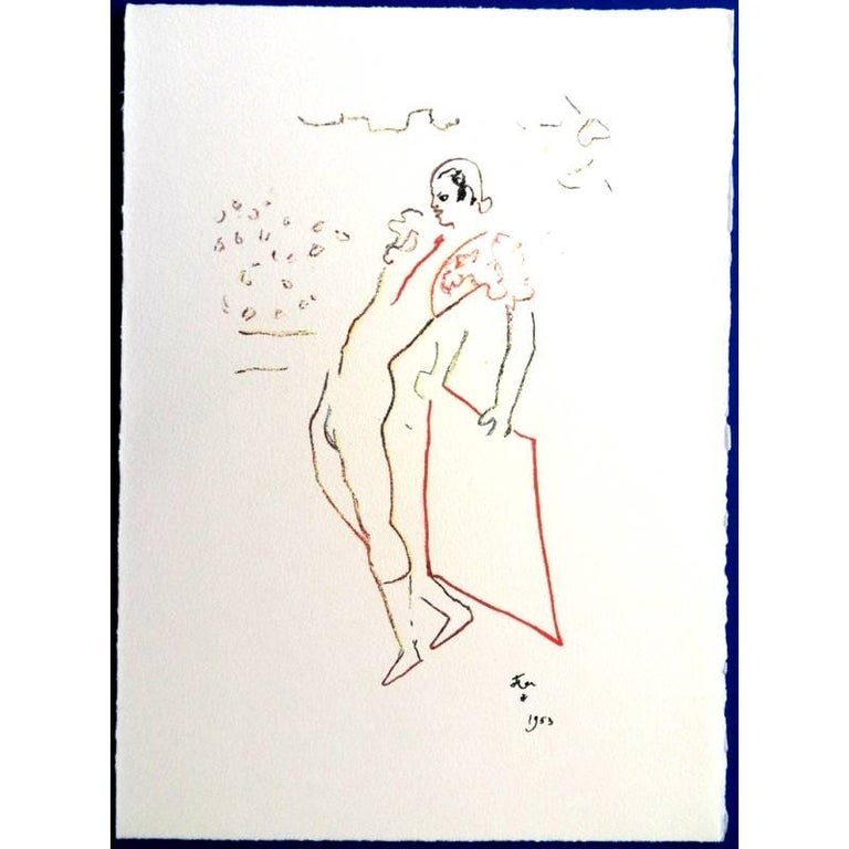 Lithograph after a drawing by Jean Cocteau
Title: The Toreador
1971
Signed in the plate
Dimensions: 38 x 28 cm
Lithograph made for the portfolio "Gitans et Corridas" published by Société de Diffusion Artistique