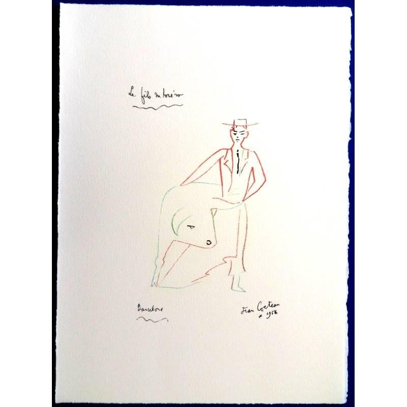 Original Lithograph by Jean Cocteau
Title: Torero's Son 
1961
printed signature in the stone
Dimensions: 38 x 28 cm
Lithograph made for the portfolio &quot;Gitans et Corridas&quot; published by Société de Diffusion Artistique

Jean Cocteau

Writer,
