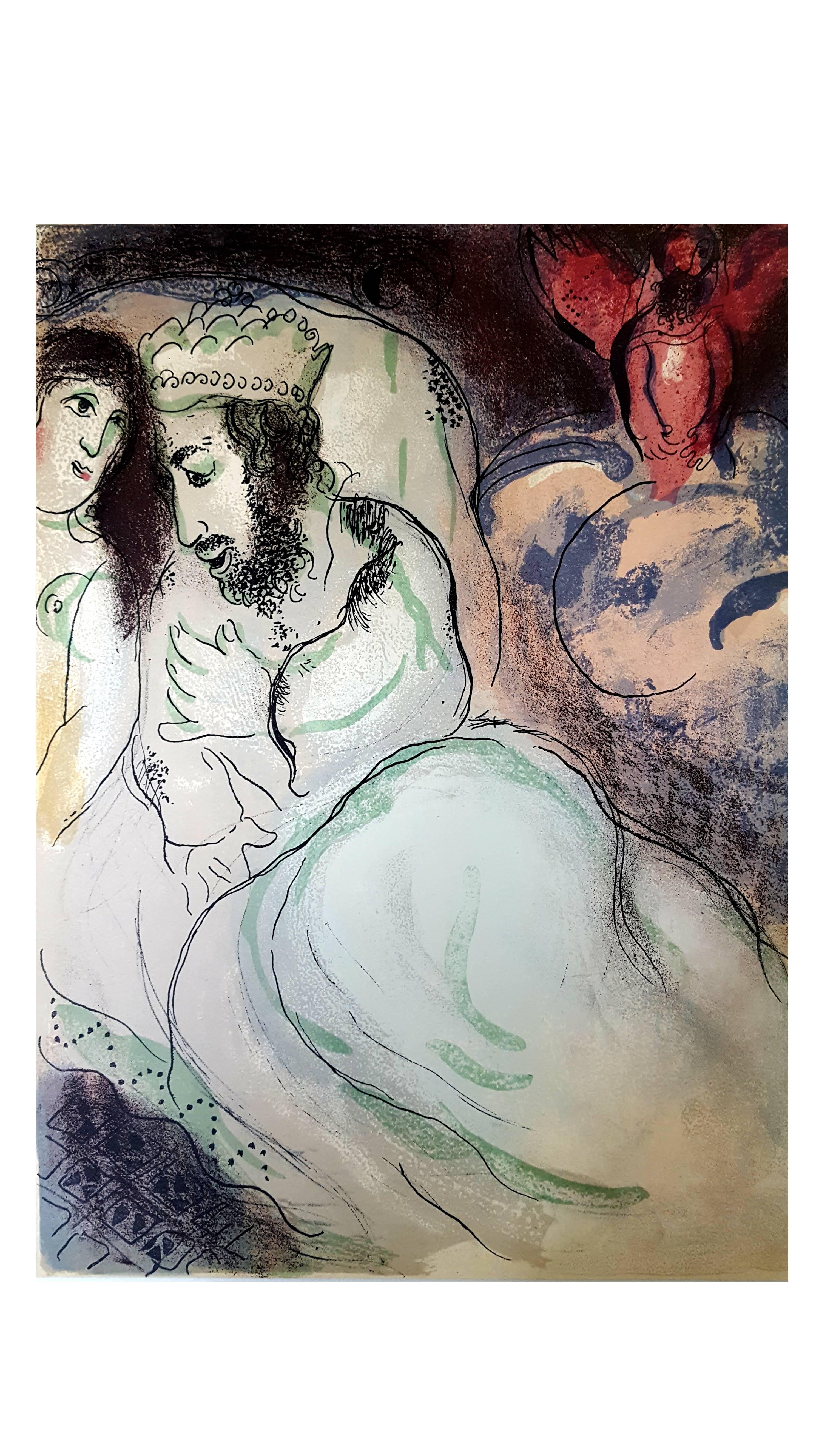 Marc Chagall, Original-Lithographie mit der Darstellung eines Augenblicks aus der Bibel.
Die Technik:	Original-Farblithografie (Mourlot Nr. 234)
Auf der Rückseite: eine weitere schwarz-weiße Original-Lithographie (Mourlot Nr.