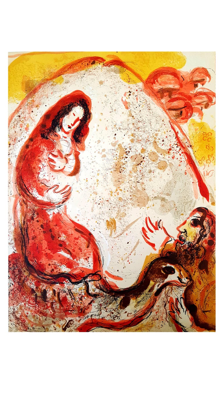 Marc Chagall, Original Lithograh depicting an instant of the Bible.
Technique:	Original lithograph in colours (Mourlot no. 234)
On the reverse: another black and white original lithograph (Mourlot no. 257)
Year:	1960
Sizes:	35,5 x 26 cm / 14" x