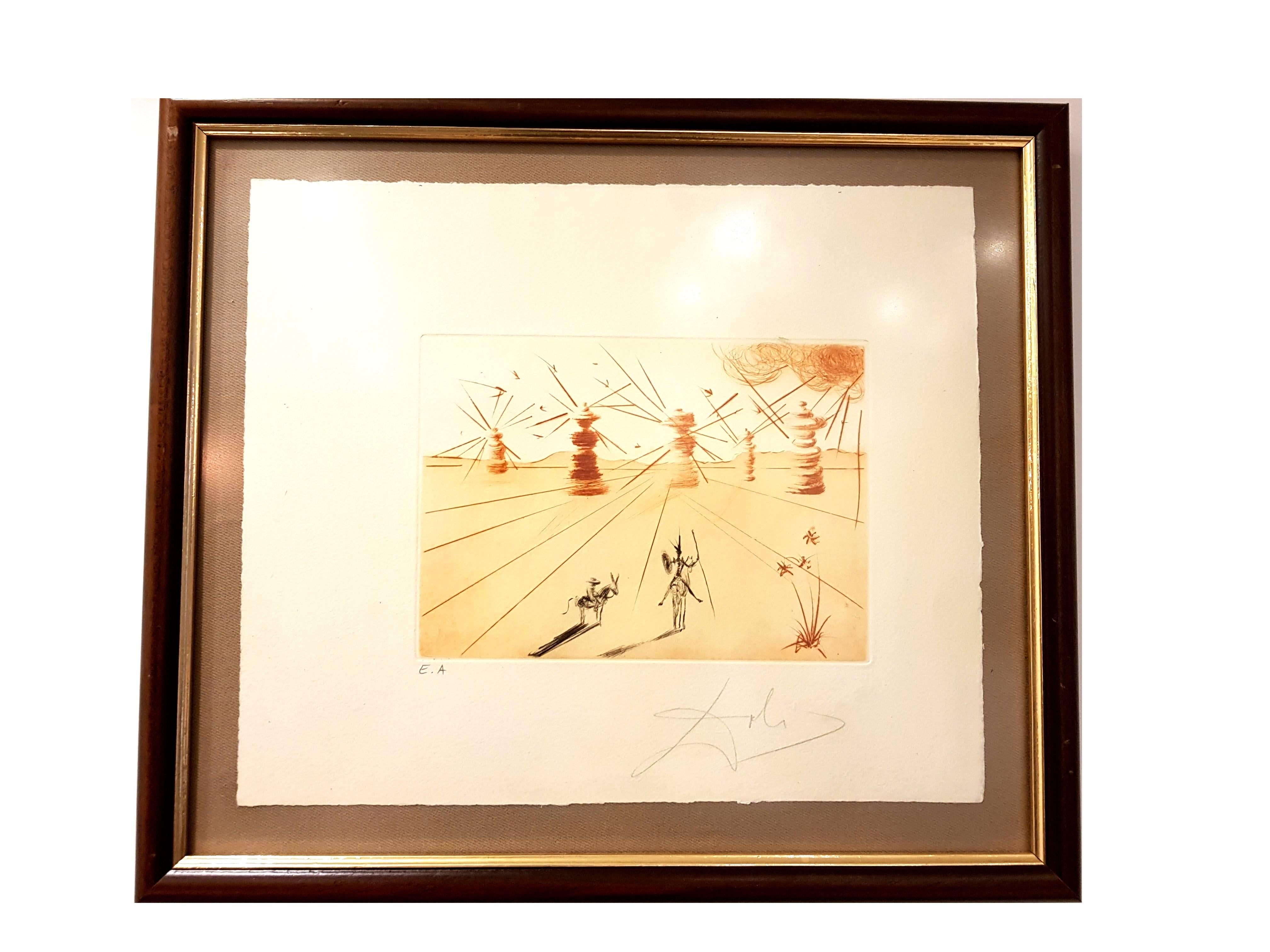Salvador Dali - Don Quixote and the Windmills - Original Handsigned Etching - Print by Salvador Dalí
