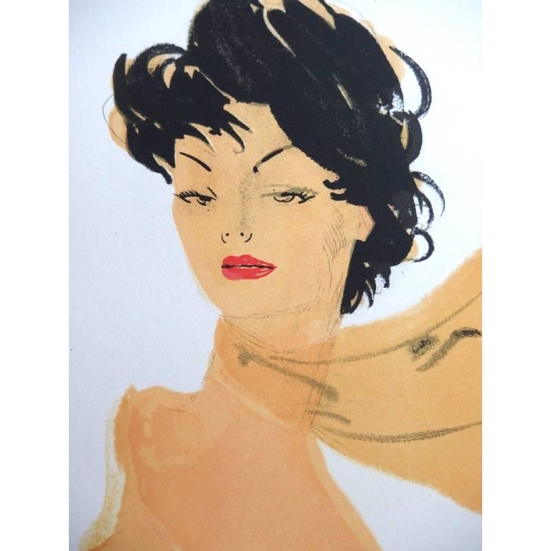 Domergue - Dark Hair Lady with a Scarf - Original Signed Lithograph - Print by Jean-Gabriel Domergue