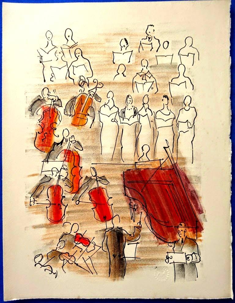 Raoul Dufy's - Le concert des anges 
DELUXE COPY Illustrated with a DRAWING & 28 lithographs & 6 Suites by Raoul DUFY in-4 in leaves in red leather case. 

ILLUSTRATION : 2 full page original lithographs (authenticated with the editor blind