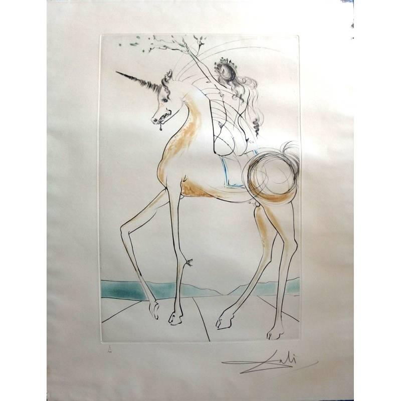 Salvador Dalí Figurative Print - Salvador Dali -  Unicorn and Gangaride - Original Handsigned etching