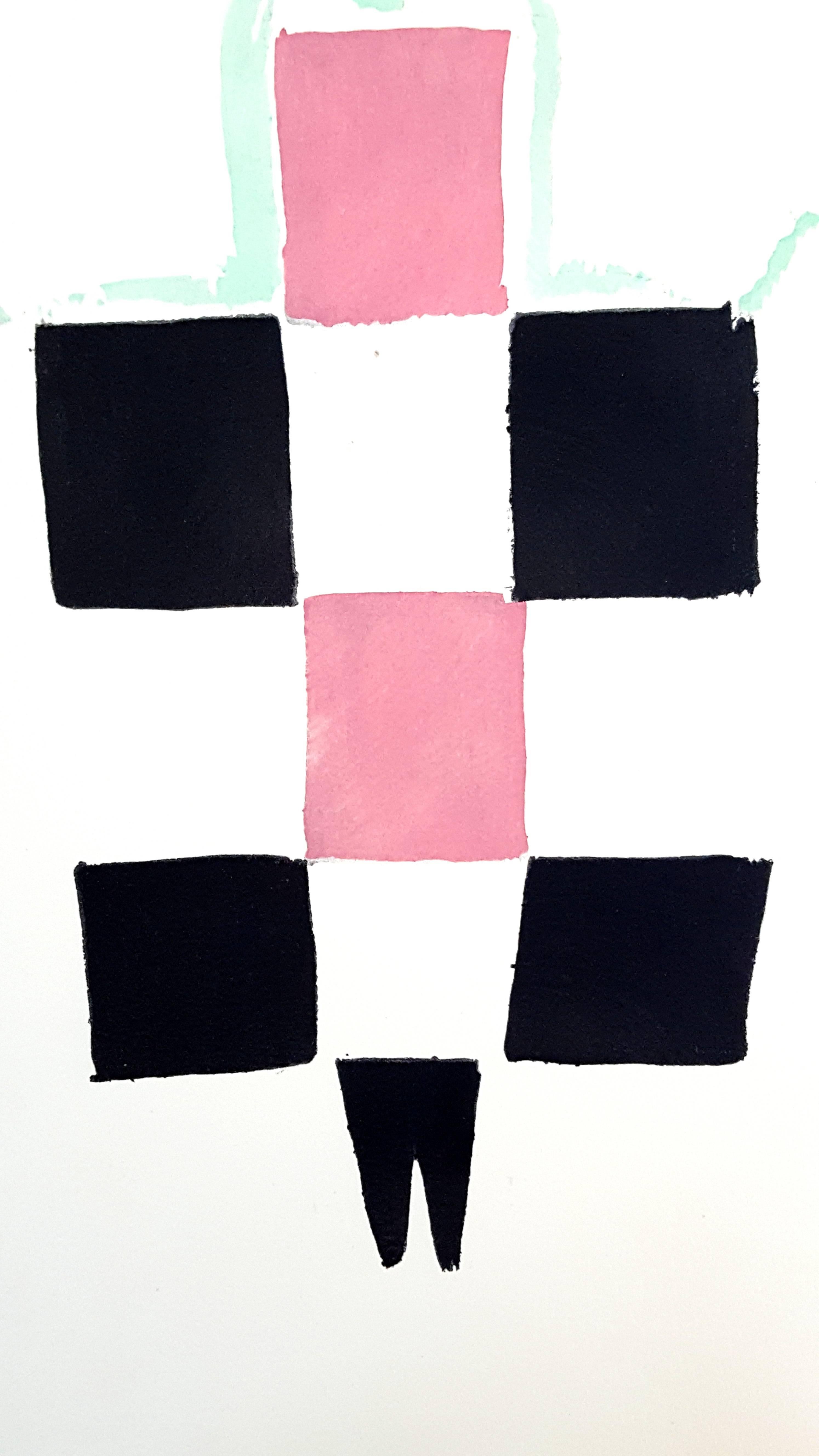 Full-page, colour pochoir of costume designs after Sonia Delaunay-Terk's original drawings.
Edition 331/500 copies on Velin Aussedat 
Dimensions: 28.5 x 19.5 cm.
From 27 Living Paintings. [Milano, Edizioni del Naviglio, 1969]. Jacques Damase. Robes