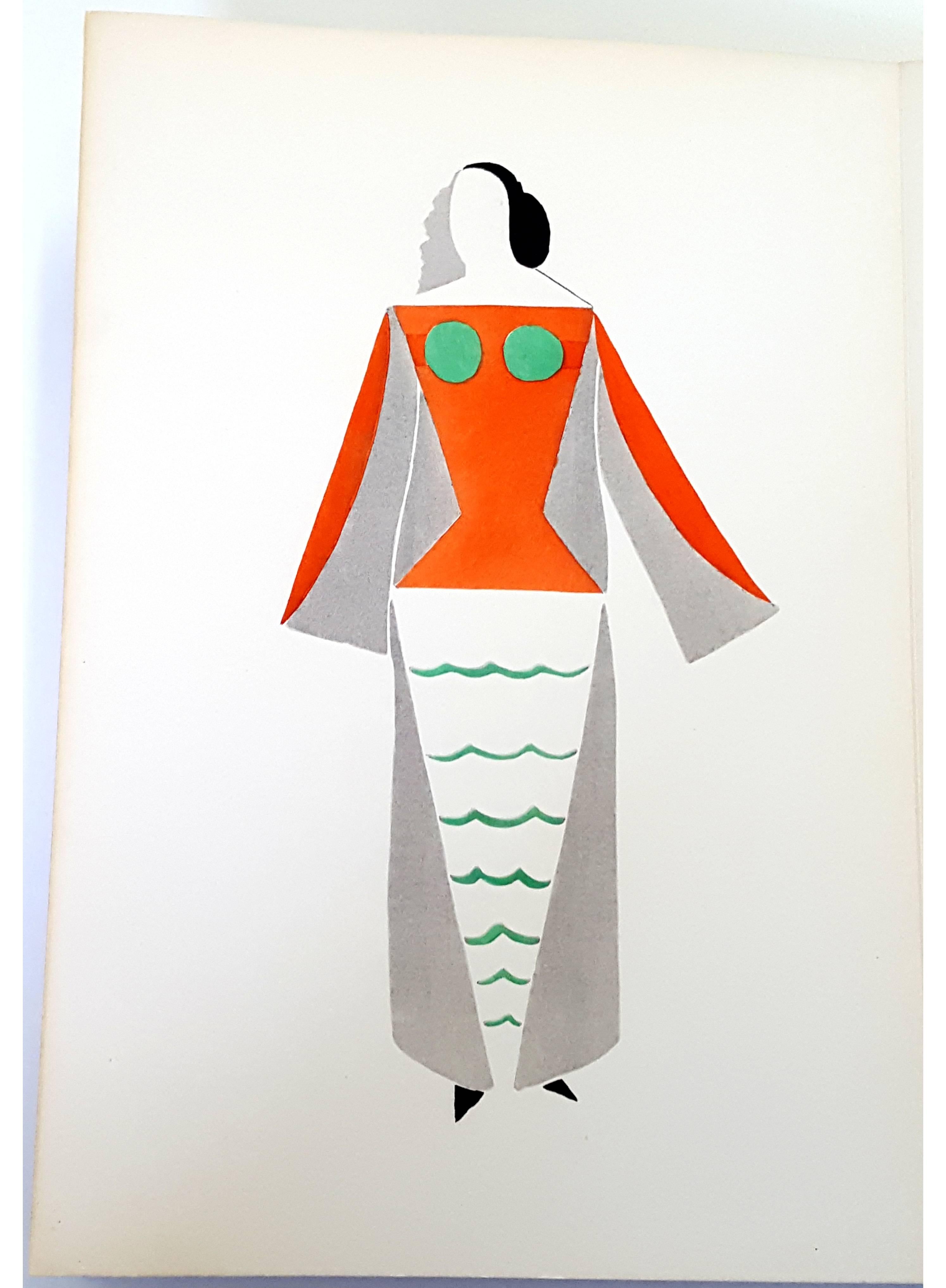 Full-page, colour pochoir of costume designs by Sonia Delaunay
Edition 331/500 copies on Velin Aussedat 
Dimensions: 28.5 x 19.5 cm.
From 27 Living Paintings. [Milano, Edizioni del Naviglio, 1969]. Jacques Damase. Robes Poèmes, Introduction. Text by