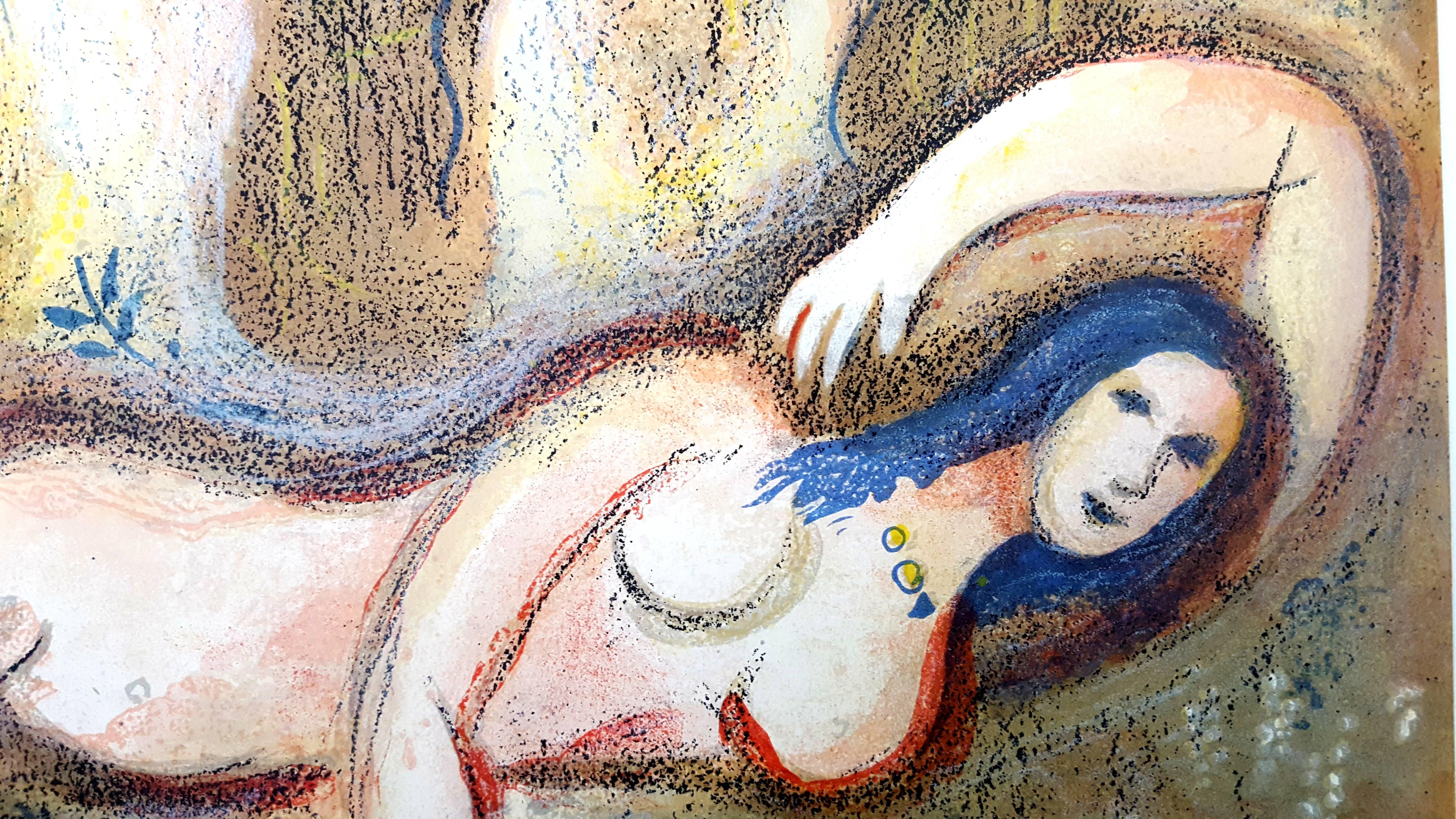 Marc Chagall - La Bible - Boaz se réveille et voit Ruth - Lithographie originale en vente 1