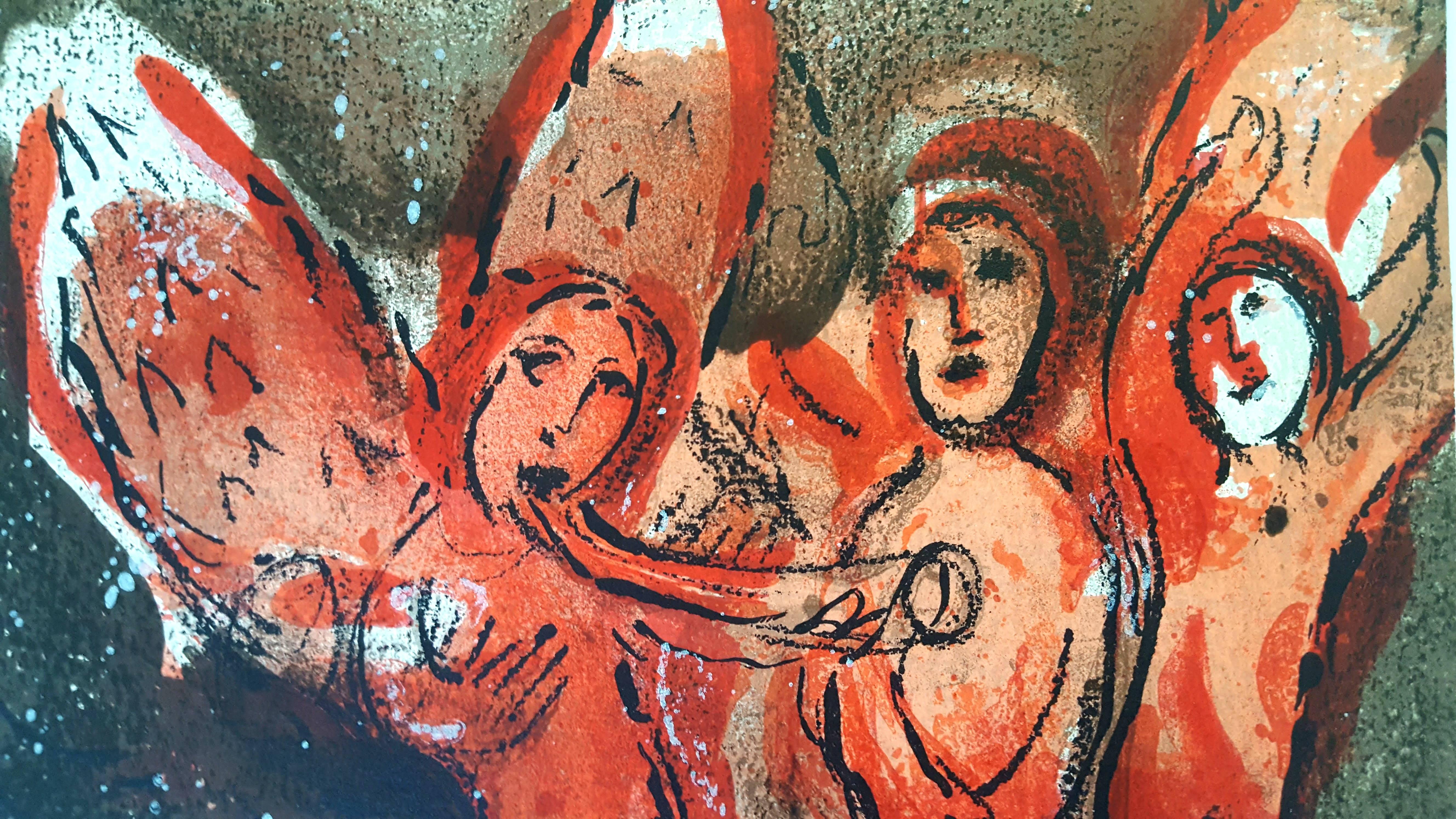 Marc Chagall, Original Lithograh depicting an instant of the Bible.
Technique:	Original lithograph in colours (Mourlot no. 234)
On the reverse: another black and white original lithograph (Mourlot no. 257)
Year:	1960
Sizes:	35,5 x 26 cm / 14