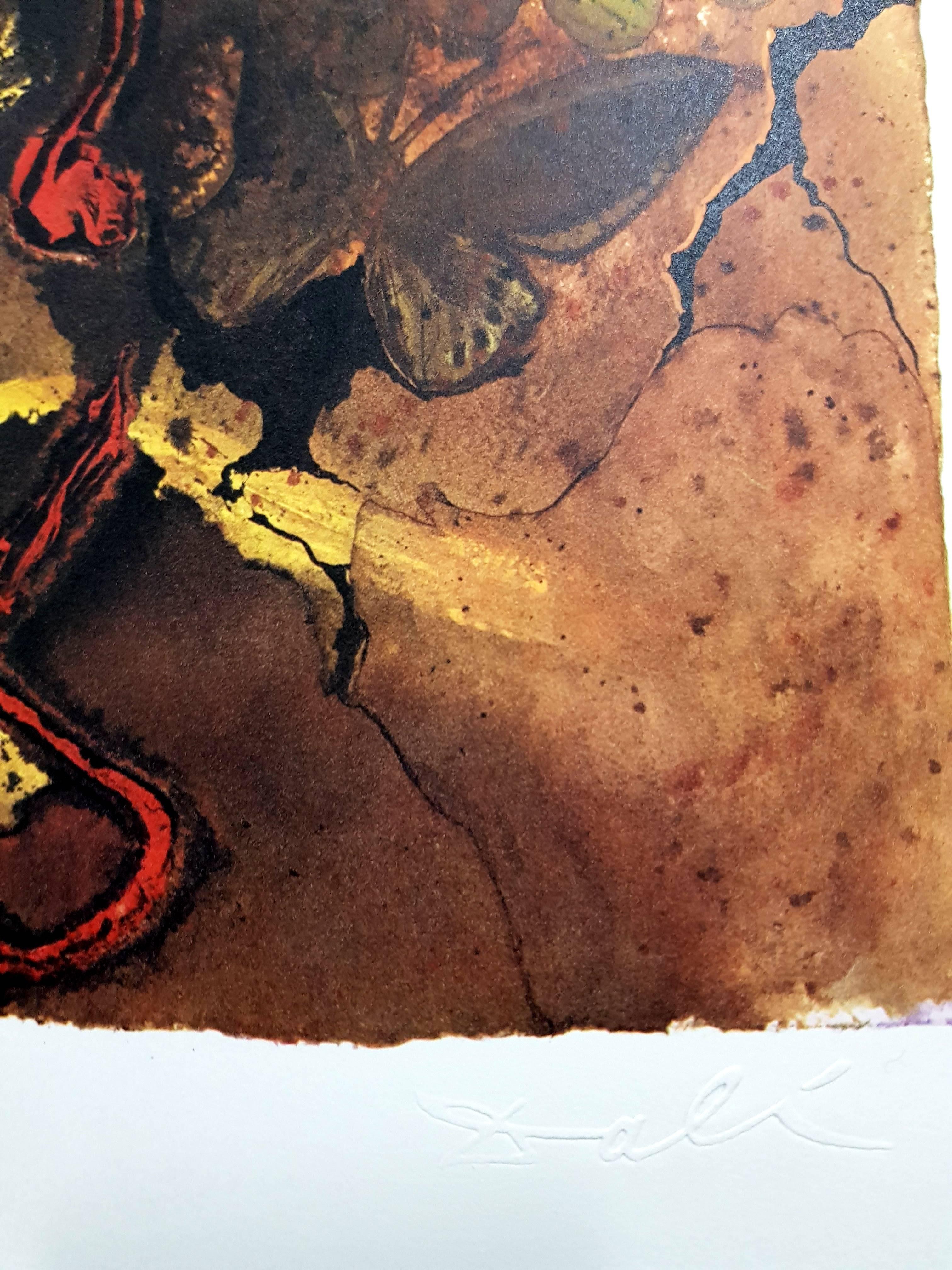 Lithograph after an original gouache by Salvador Dali for the Societe Nationale des Chemins de Fer
Title:  S.N.C.F. (Butterfly Suite)
Embossed signature
Dimensions: 46.5 x 24 cm
Edition: /1700
1969
References :  Catalogue raisonne Michler &