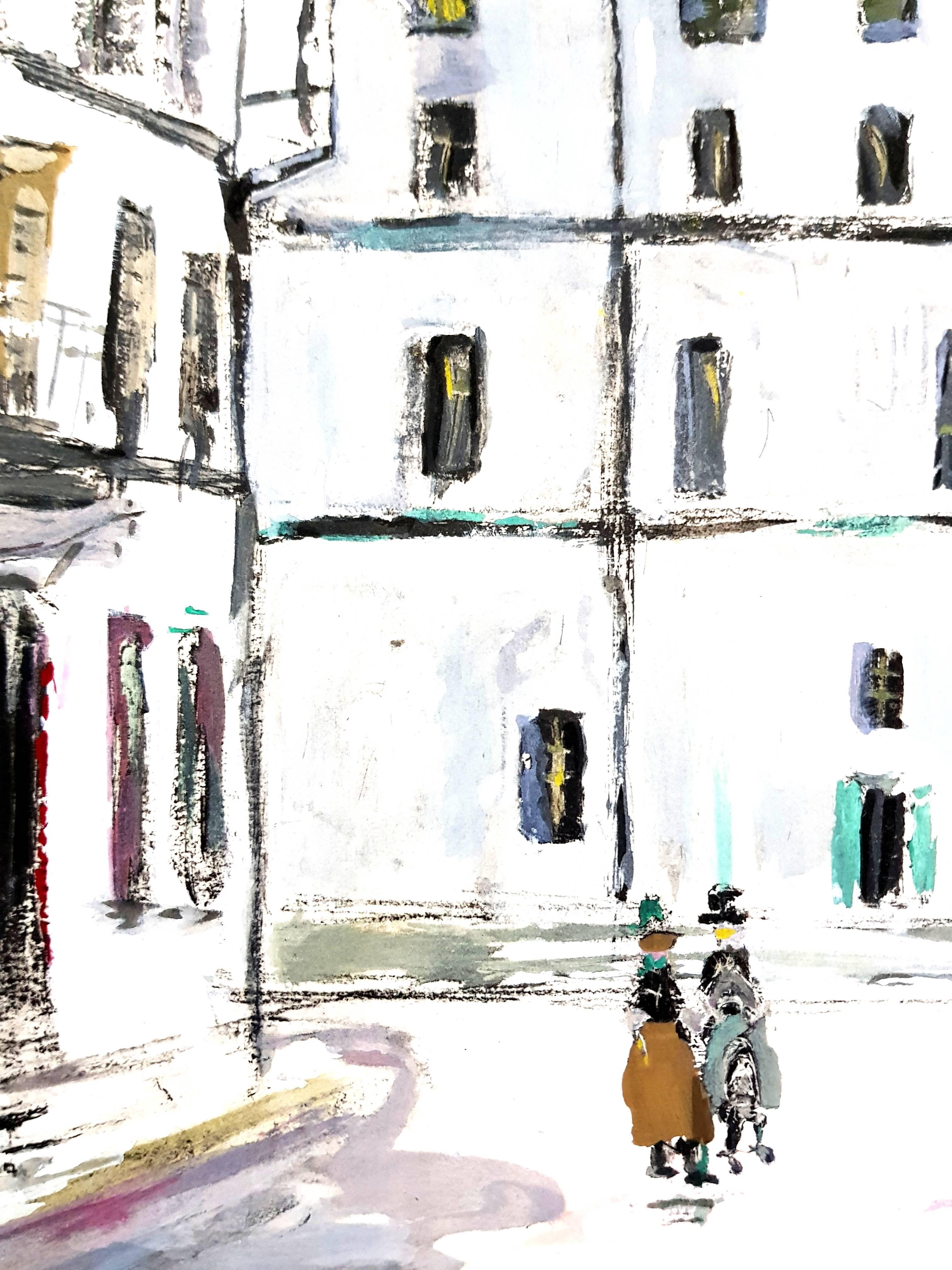 Village d'inspiration de Montmartre - Pochoir - Gris Figurative Print par (after) Maurice Utrillo