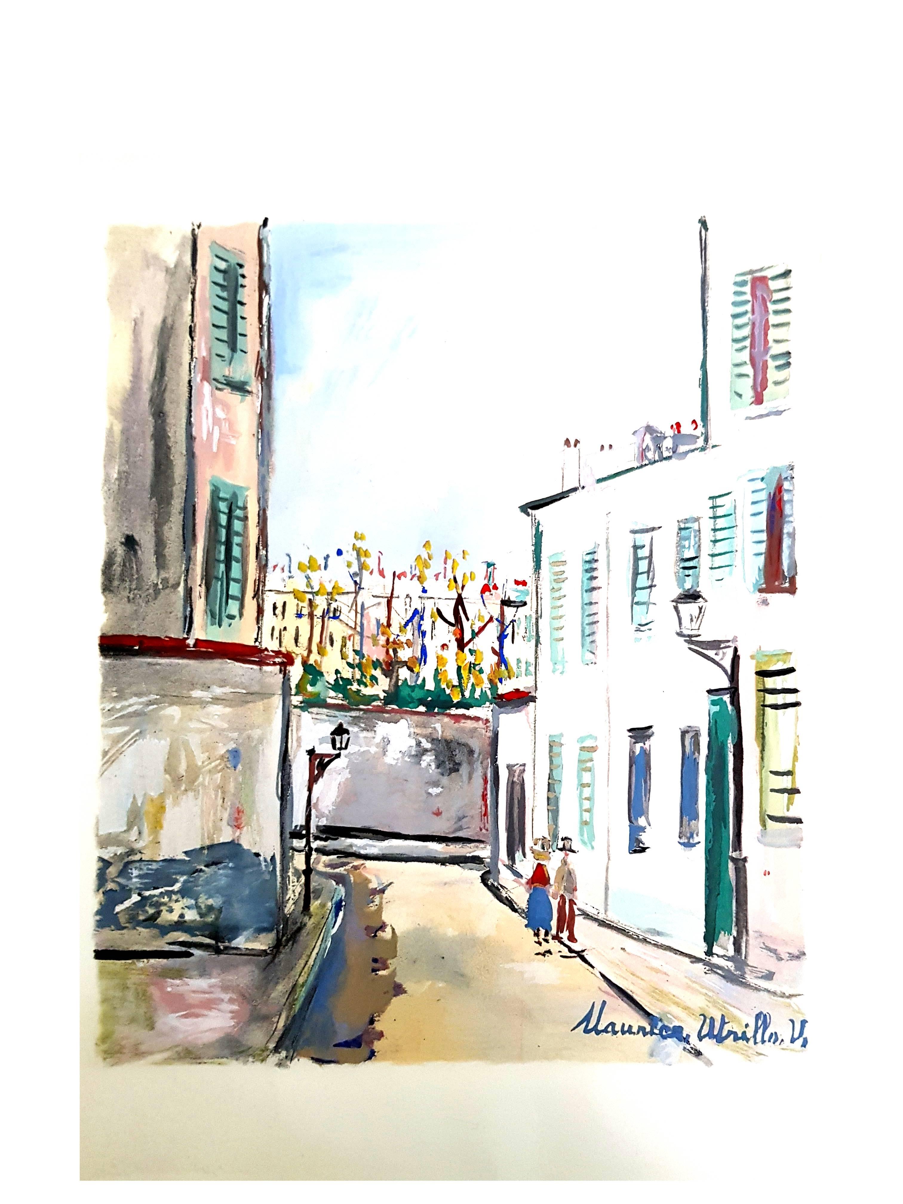 Inspired Village of Montmartre - Pochoir - Gray Landscape Print by (after) Maurice Utrillo
