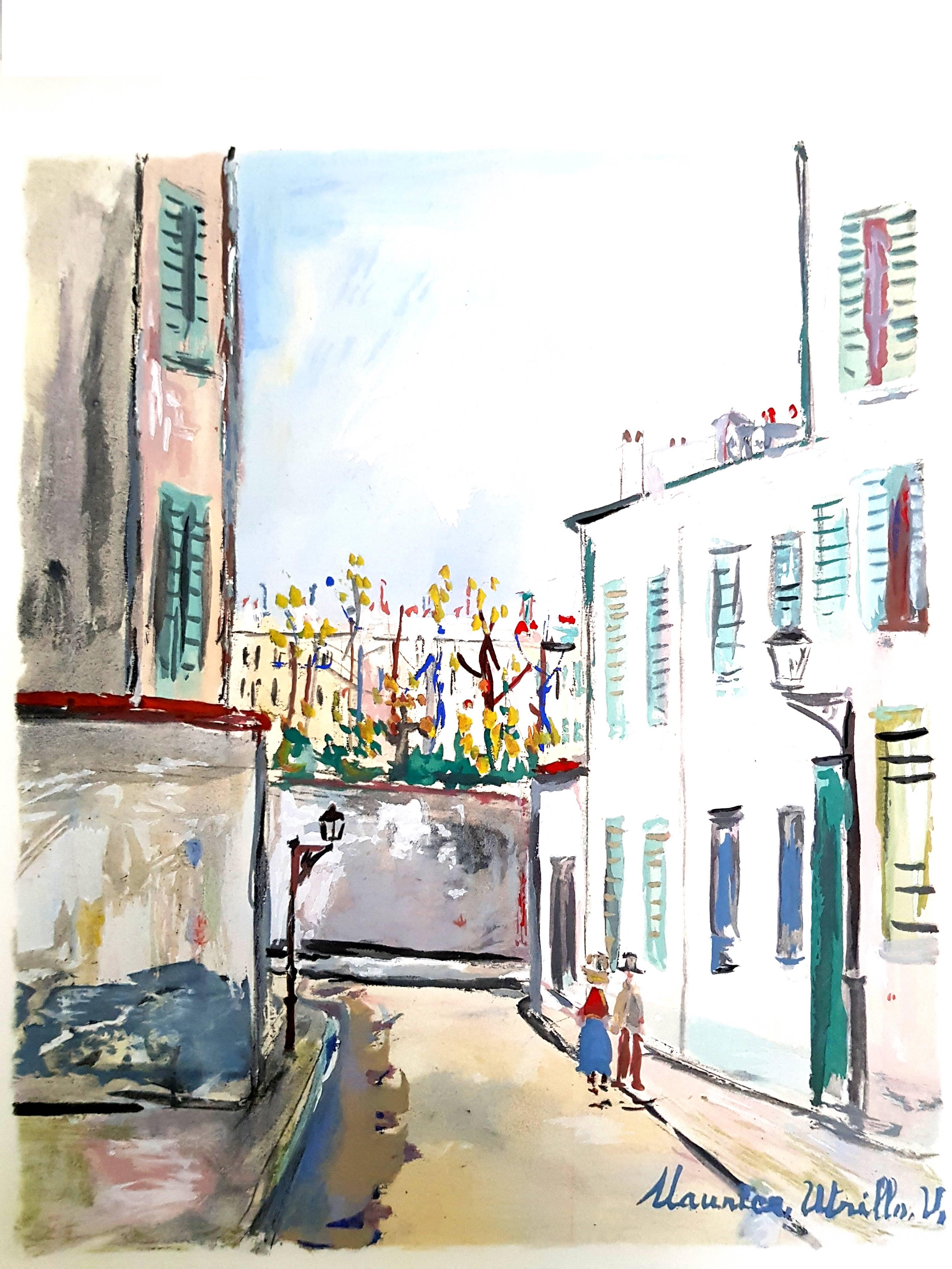 (after) Maurice Utrillo Landscape Print - Inspired Village of Montmartre - Pochoir