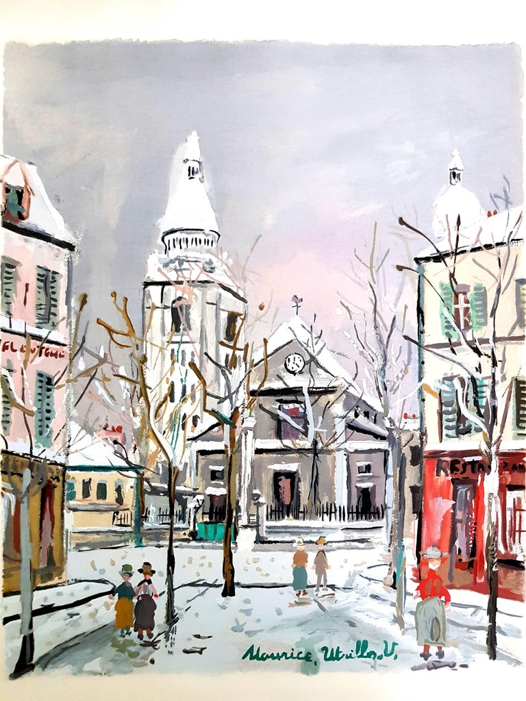 (after) Maurice Utrillo Landscape Print - Inspired Village of Montmartre - Pochoir