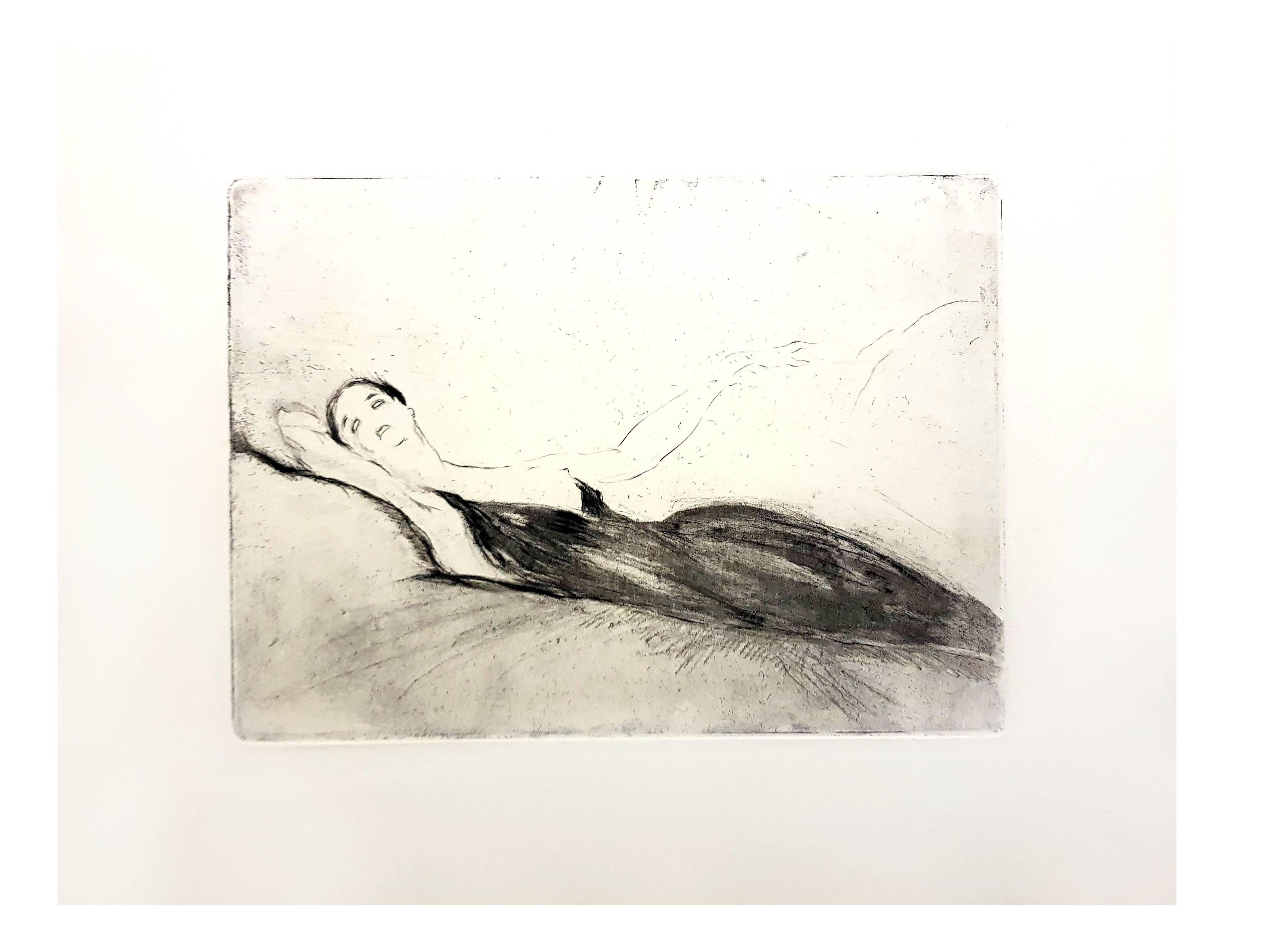 Jean Gabriel Domergue – Leichte Frau – Original-Radierung (Beige), Figurative Print, von Jean-Gabriel Domergue
