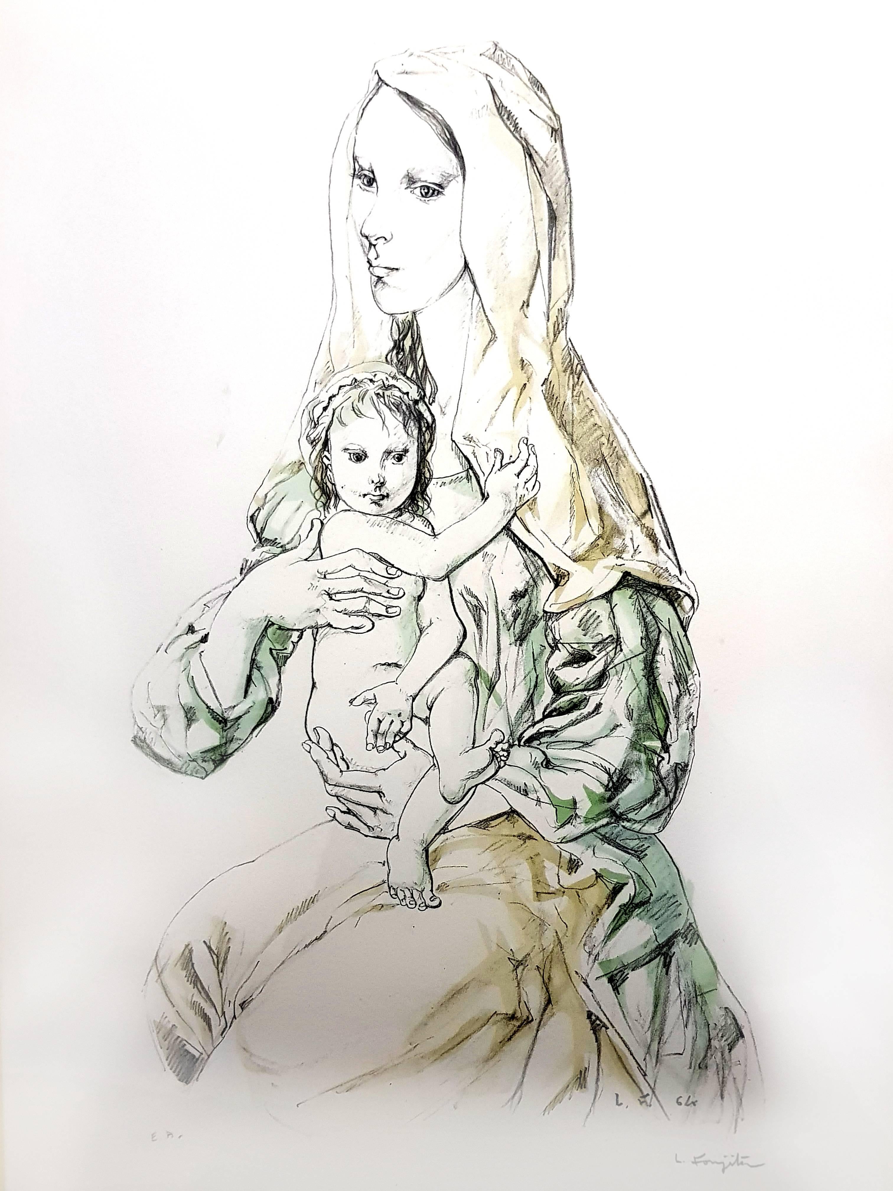 Léonard Tsugouharu Foujita Nude Print - Leonard Foujita - Madonna with Child - Original Signed Lithograph