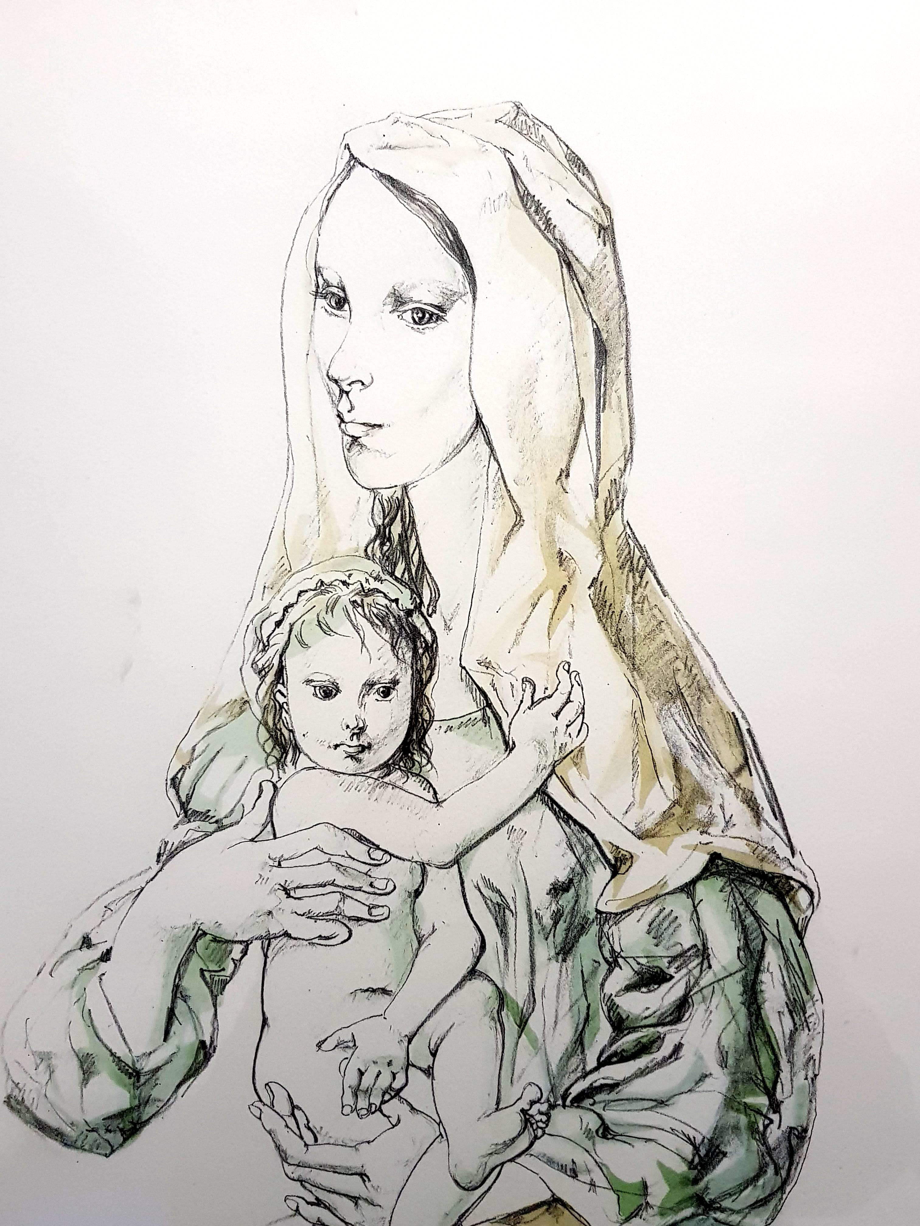 Leonard Foujita - Madonna with Child - Original Signed Lithograph - Gray Nude Print by Léonard Tsugouharu Foujita