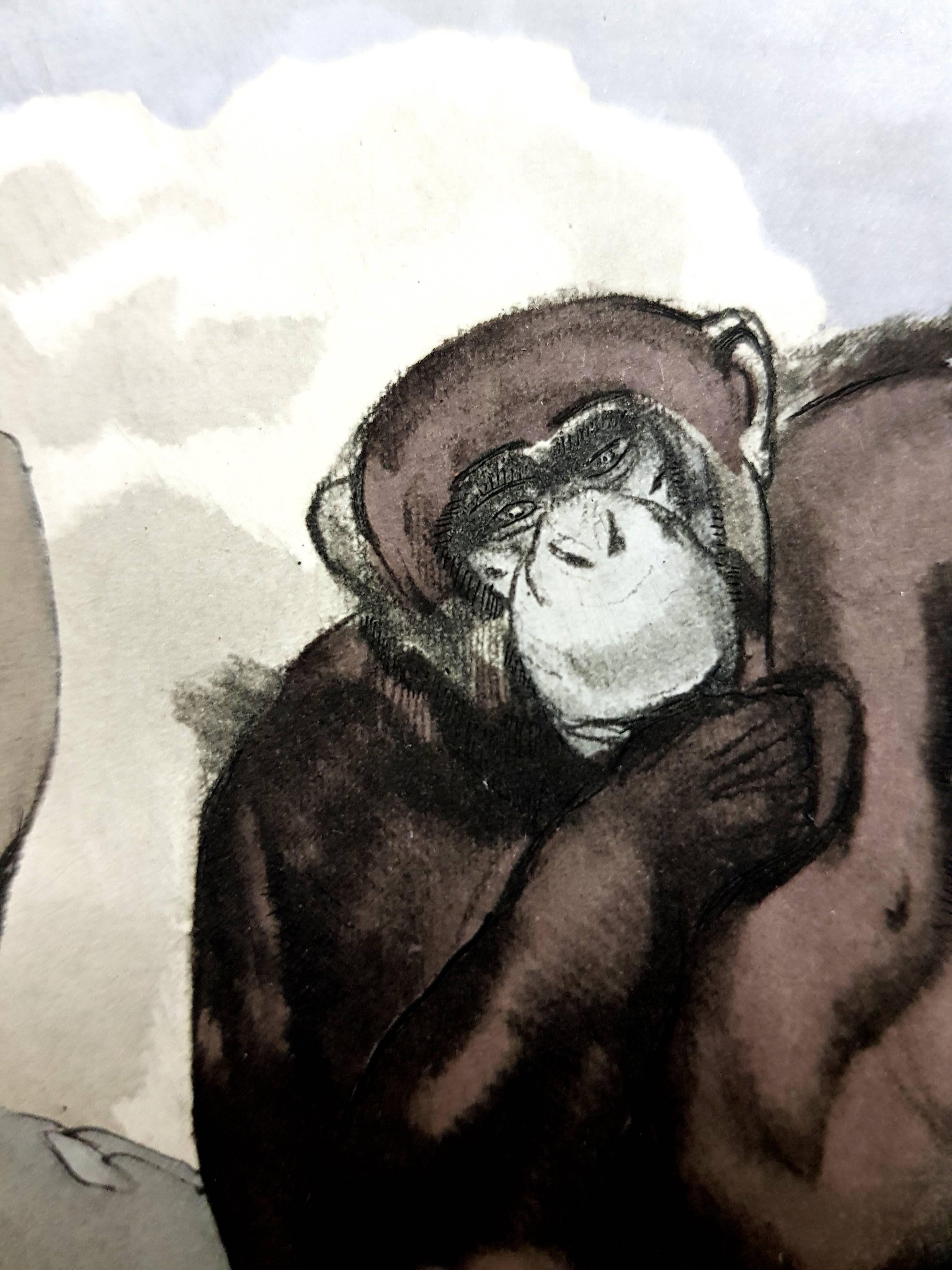 Paul Jouve - Chimpanzee - Original Engraving For Sale 1