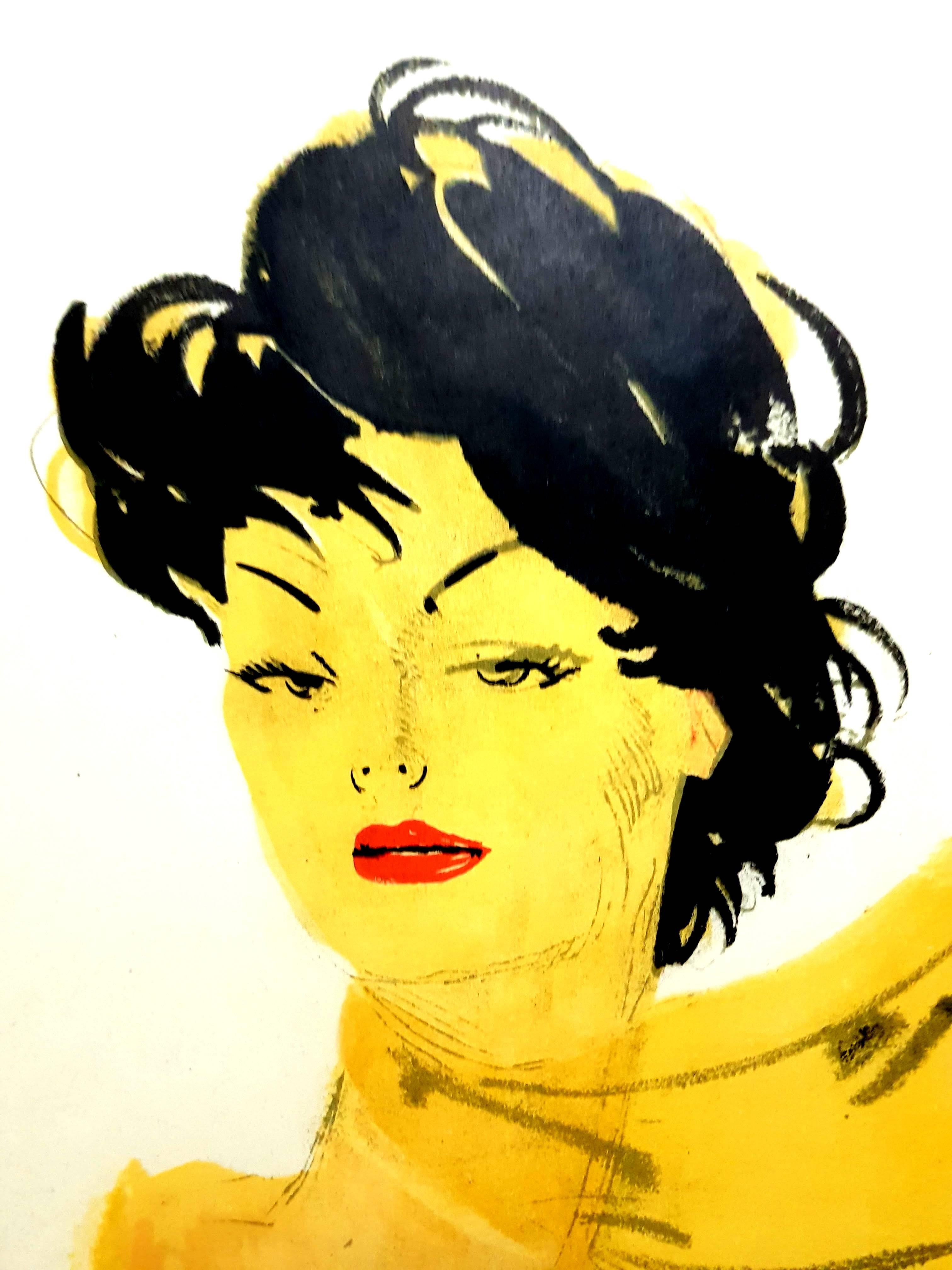 Domergue - Dunkle Haar Dame mit Schal - Original Lithographie – Print von Jean-Gabriel Domergue