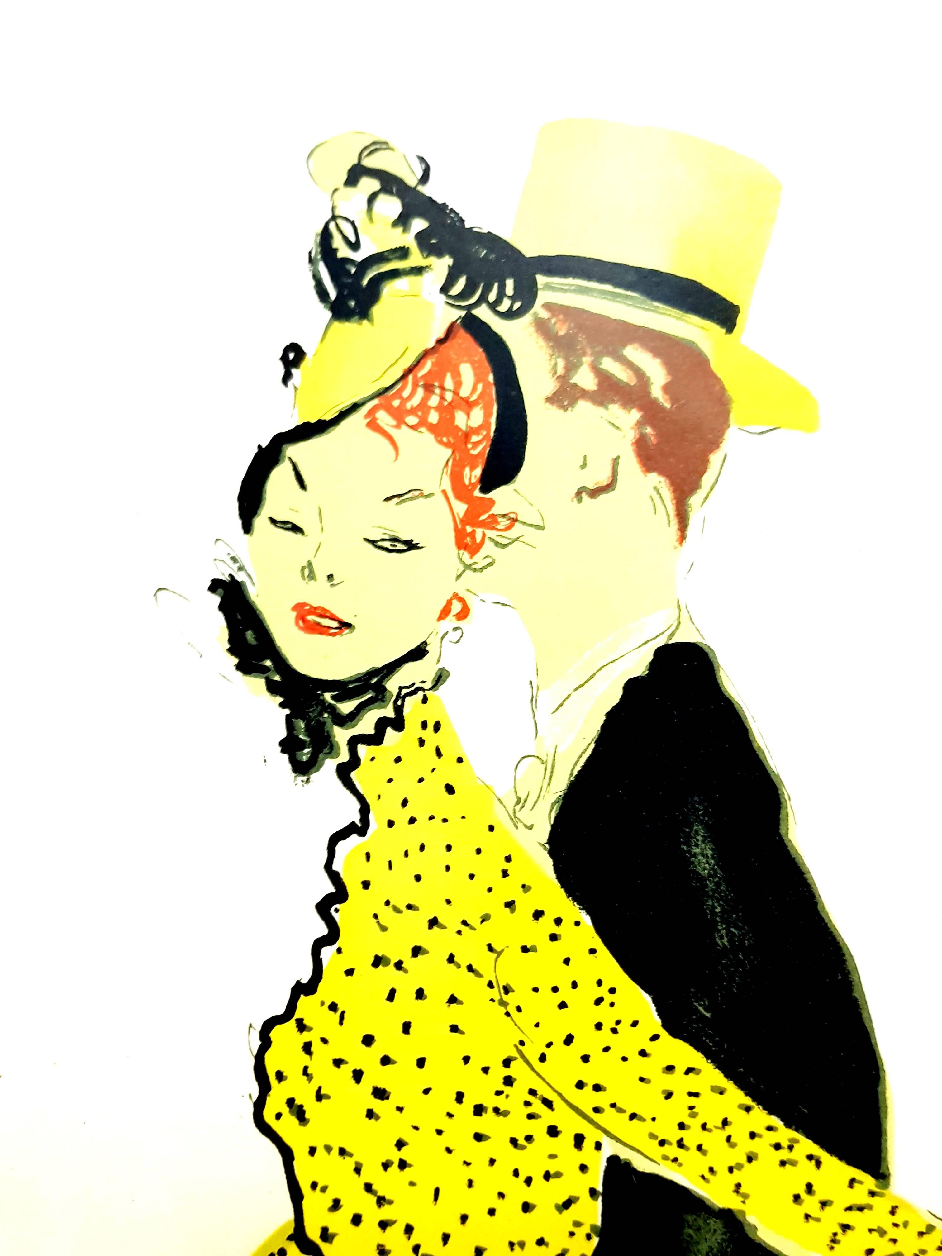 Domergue - Elegant Couple - Original Signed Lithograph - Yellow Portrait Print by Jean-Gabriel Domergue