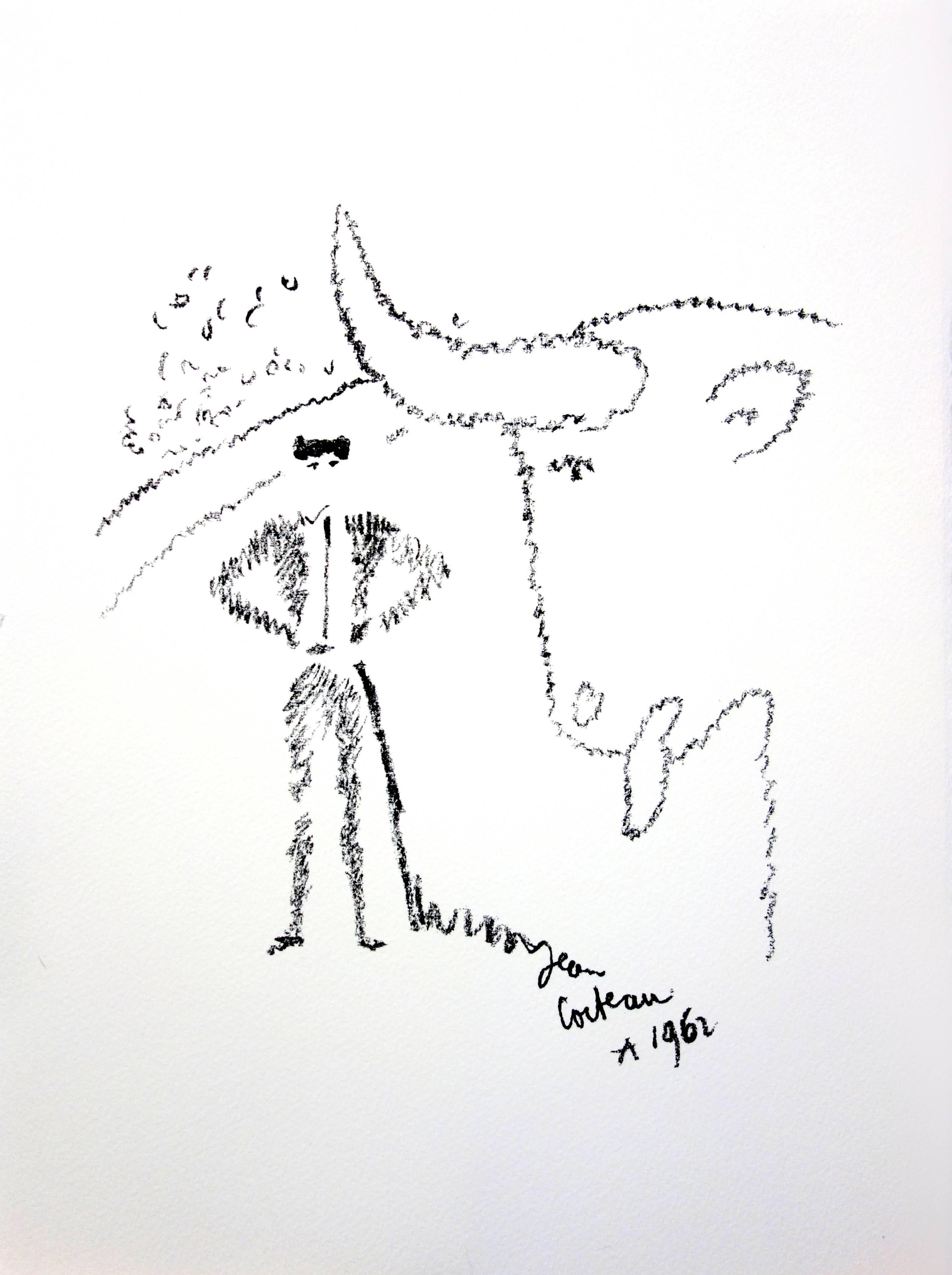Jean Cocteau - Portrait de taureau - Lithographie originale en vente 2