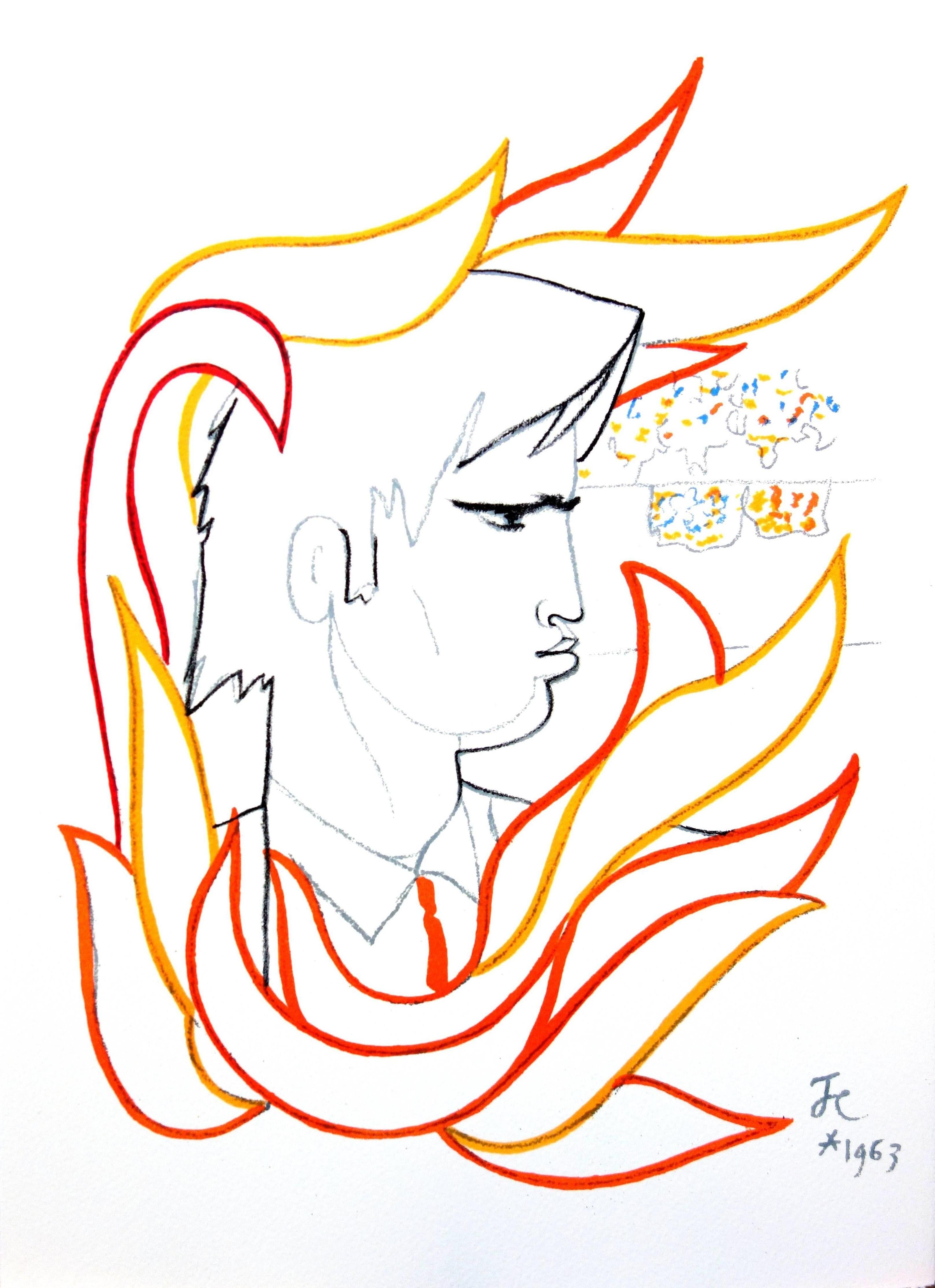 Jean Cocteau - Fire Portrait - Original Lithograph